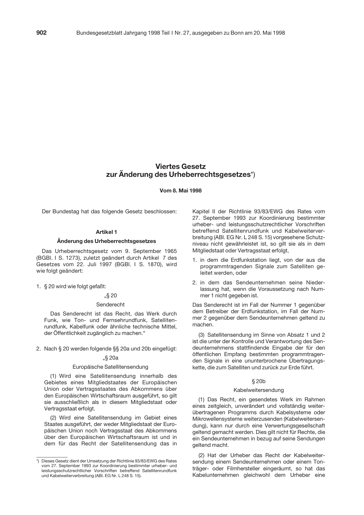 BGBl. 1998, Seite 902 — Originalseite als Abbildung