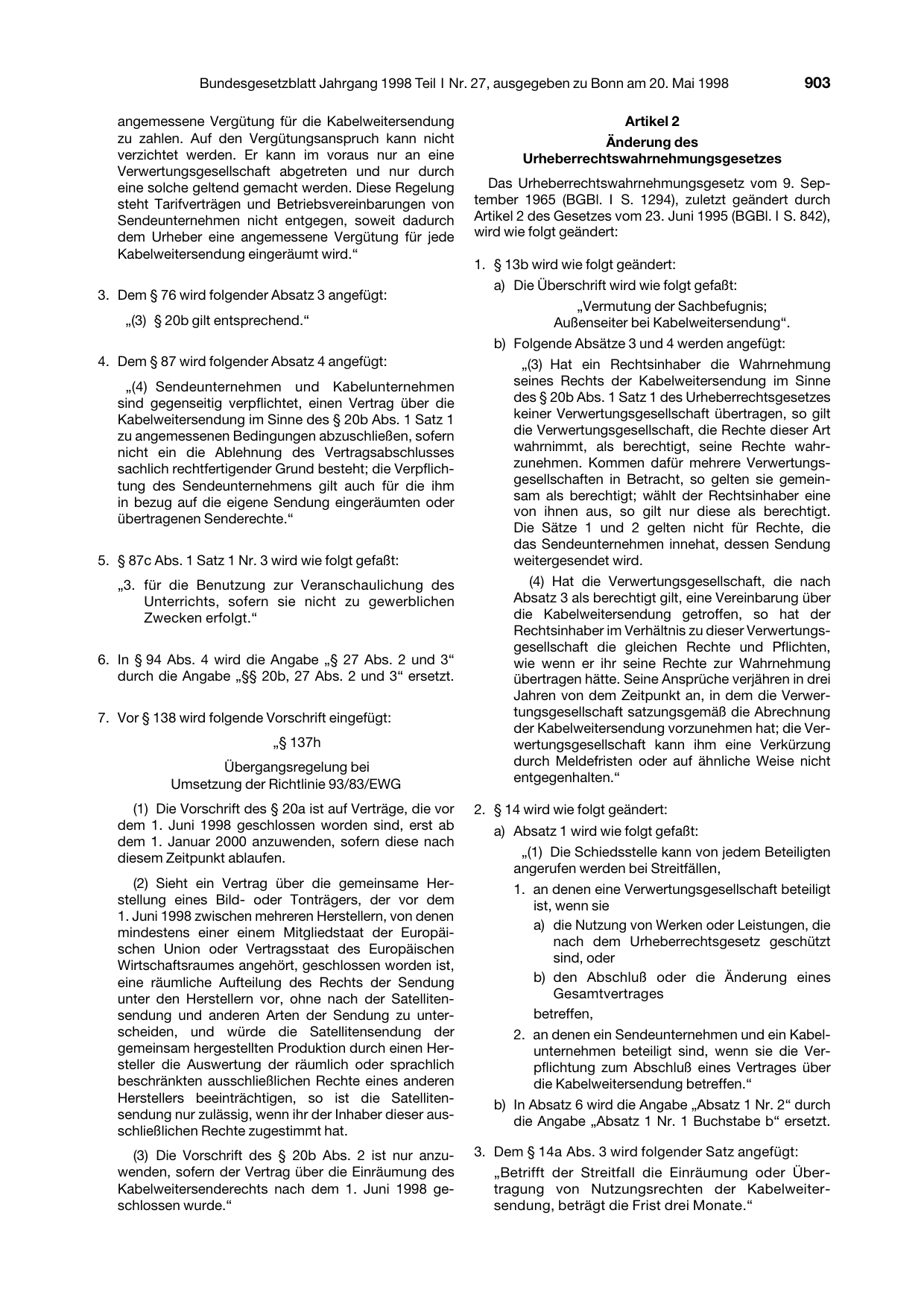 BGBl. 1998, Seite 903 — Originalseite als Abbildung