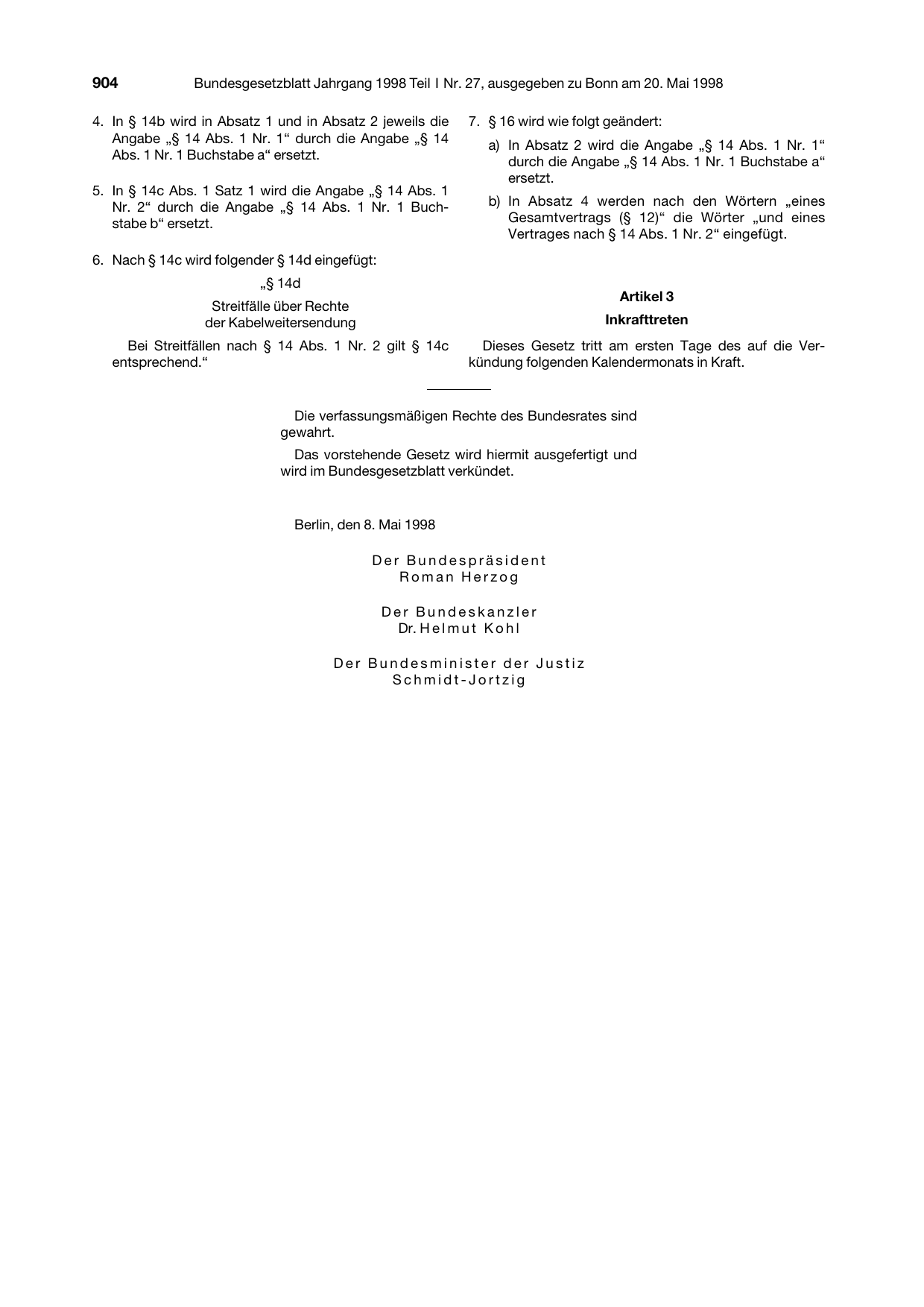 BGBl. 1998, Seite 904 — Originalseite als Abbildung