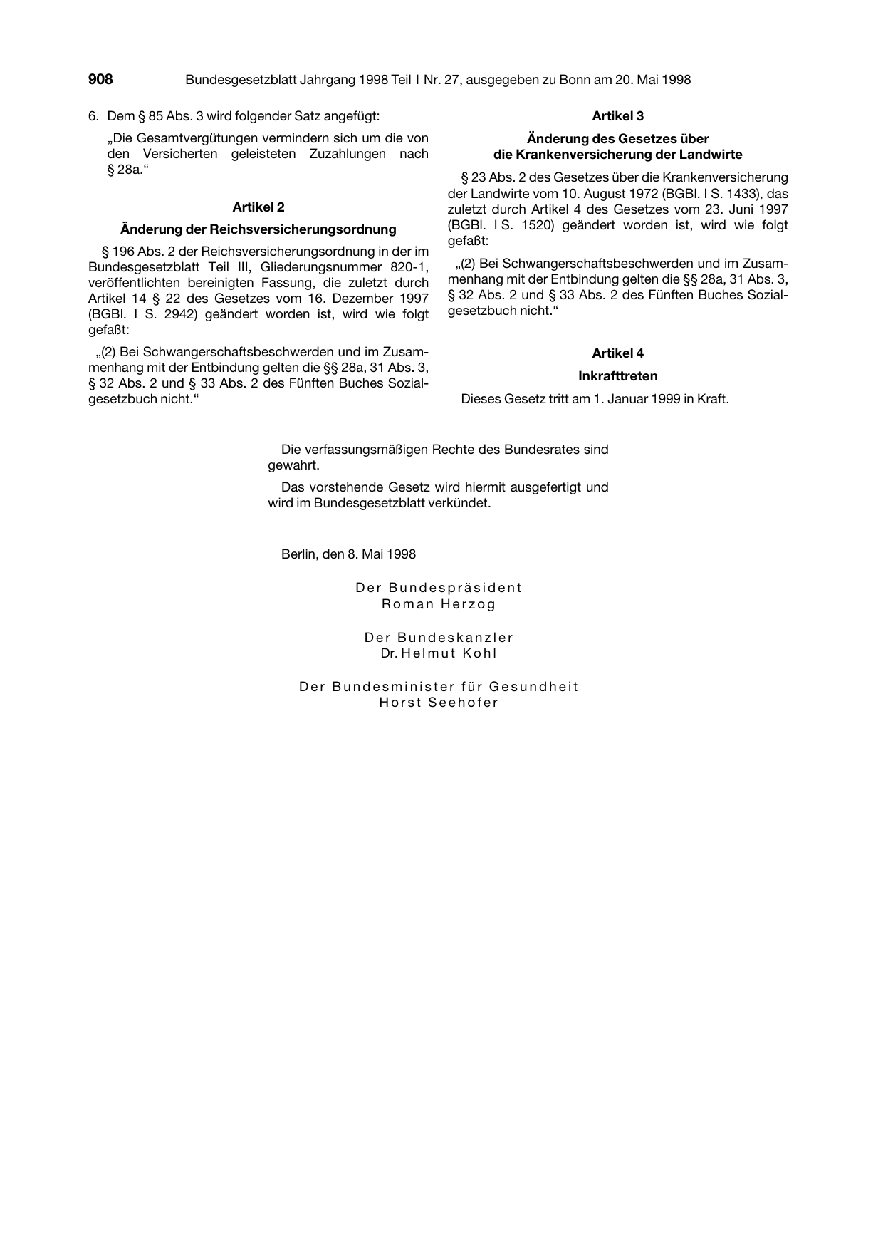 BGBl. 1998, Seite 908 — Originalseite als Abbildung