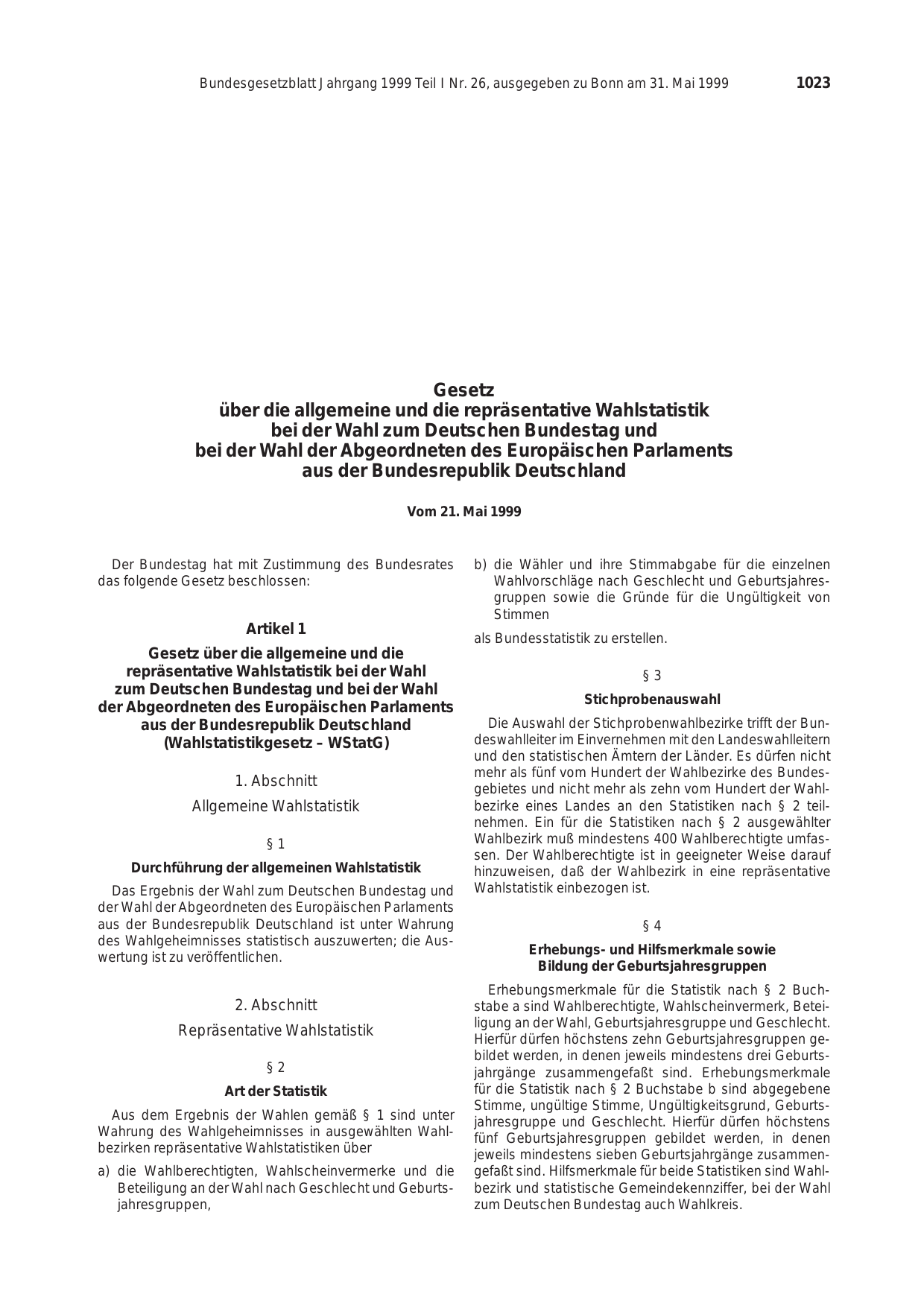 BGBl. 1999, Seite 1023 — Originalseite als Abbildung