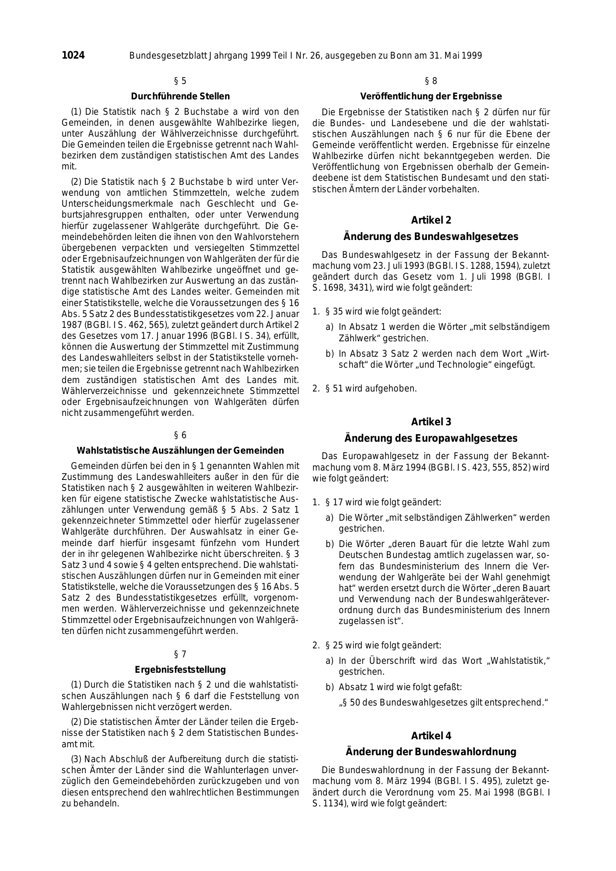 BGBl. 1999, Seite 1024 — Originalseite als Abbildung