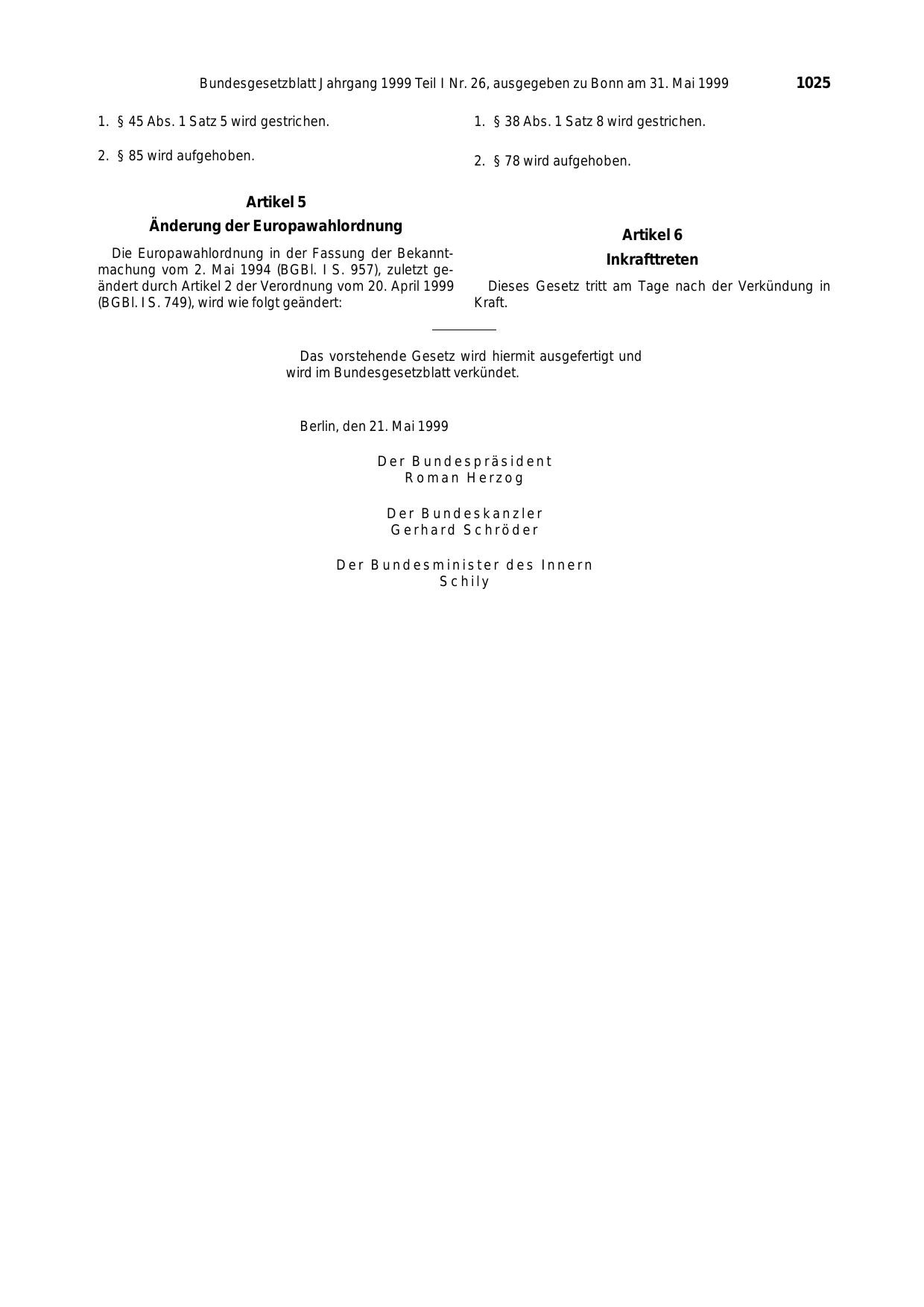 BGBl. 1999, Seite 1025 — Originalseite als Abbildung