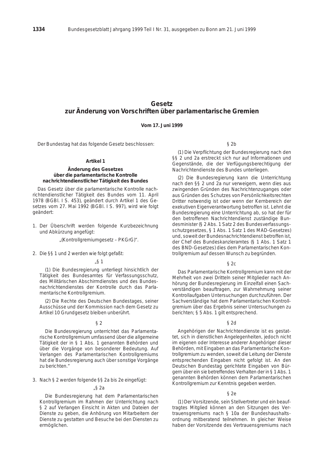 BGBl. 1999, Seite 1334 — Originalseite als Abbildung
