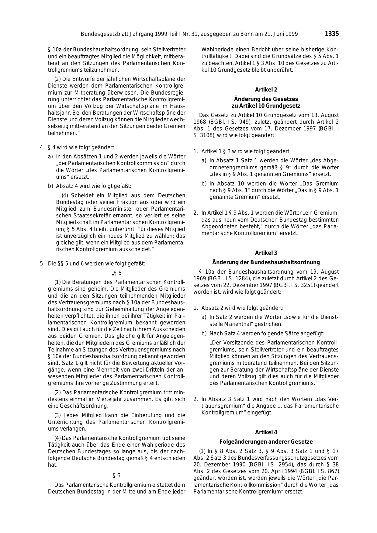 BGBl. 1999, Seite 1335 — Originalseite als Abbildung