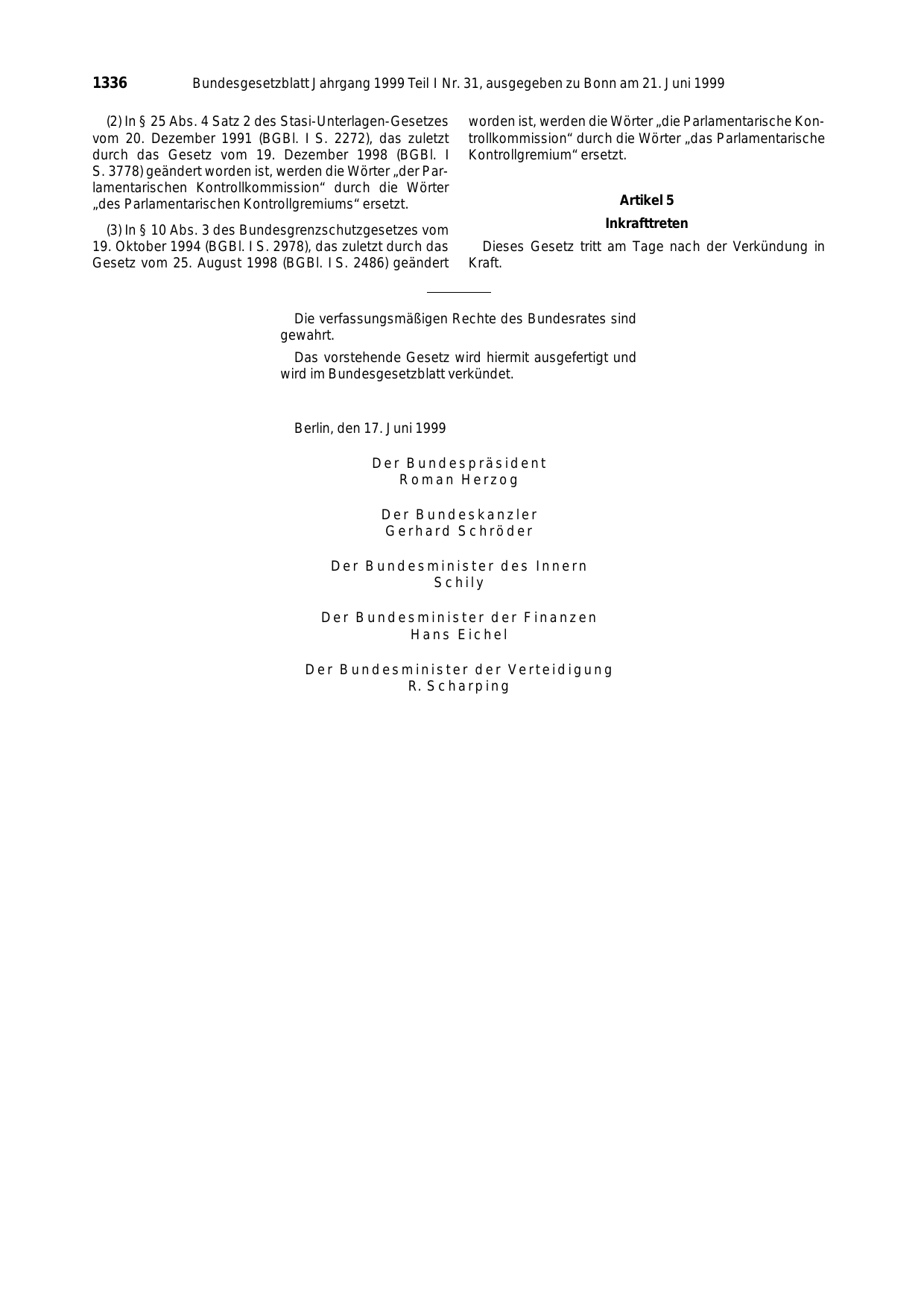 BGBl. 1999, Seite 1336 — Originalseite als Abbildung