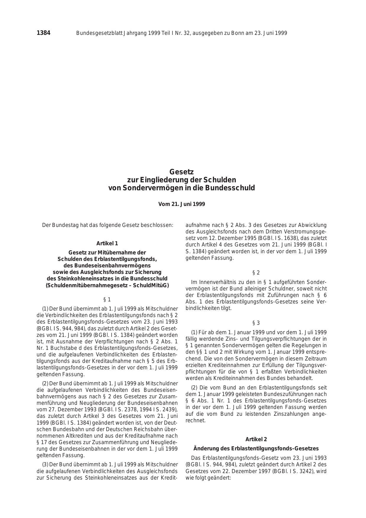 BGBl. 1999, Seite 1384 — Originalseite als Abbildung