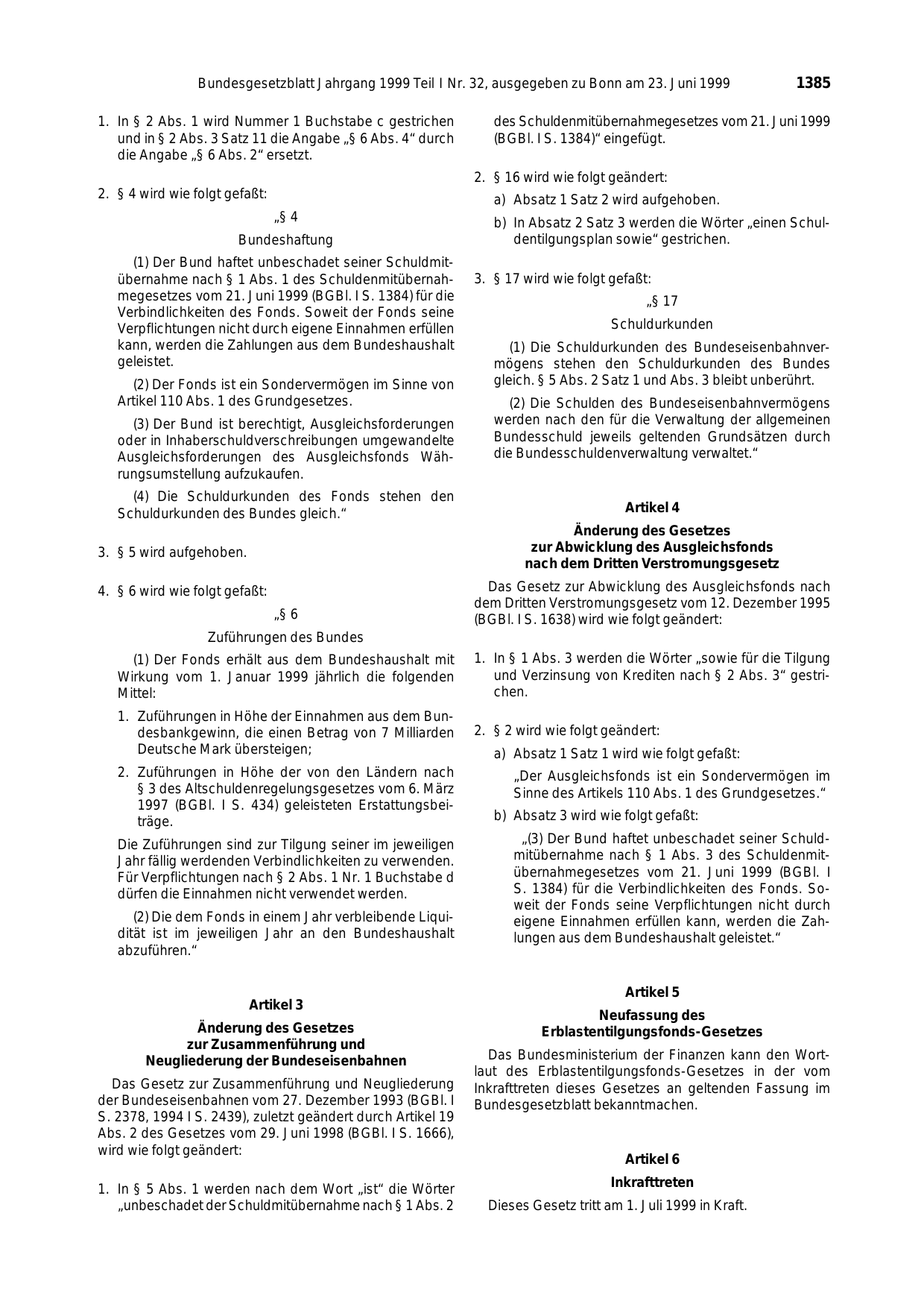 BGBl. 1999, Seite 1385 — Originalseite als Abbildung