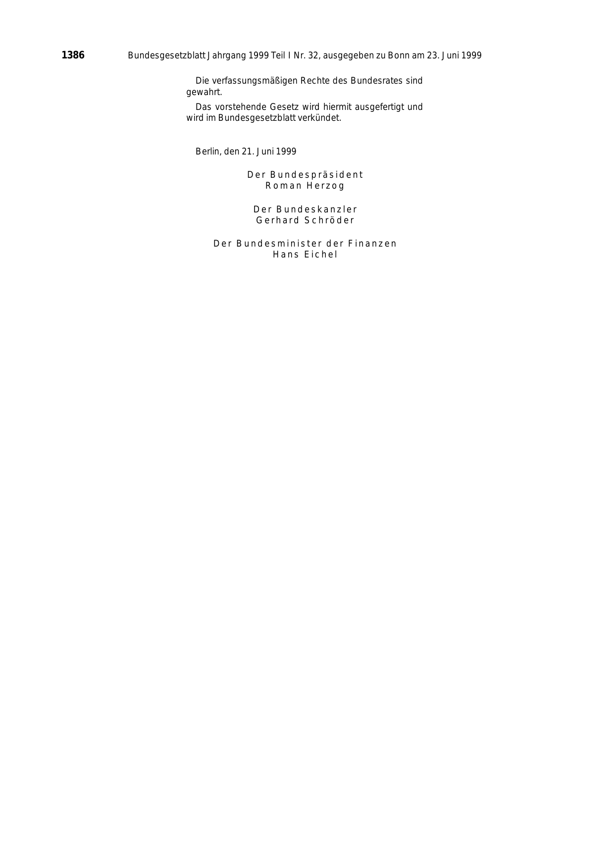 BGBl. 1999, Seite 1386 — Originalseite als Abbildung