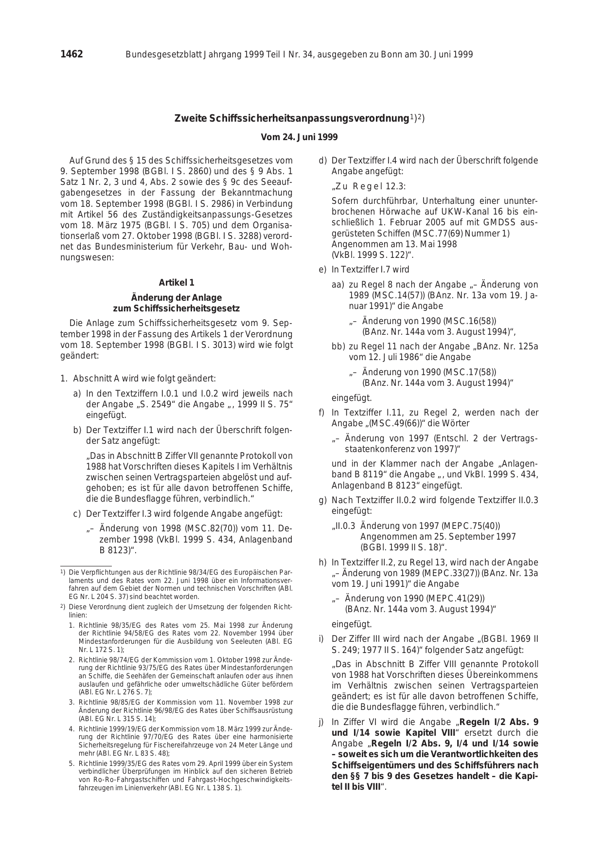 BGBl. 1999, Seite 1462 — Originalseite als Abbildung