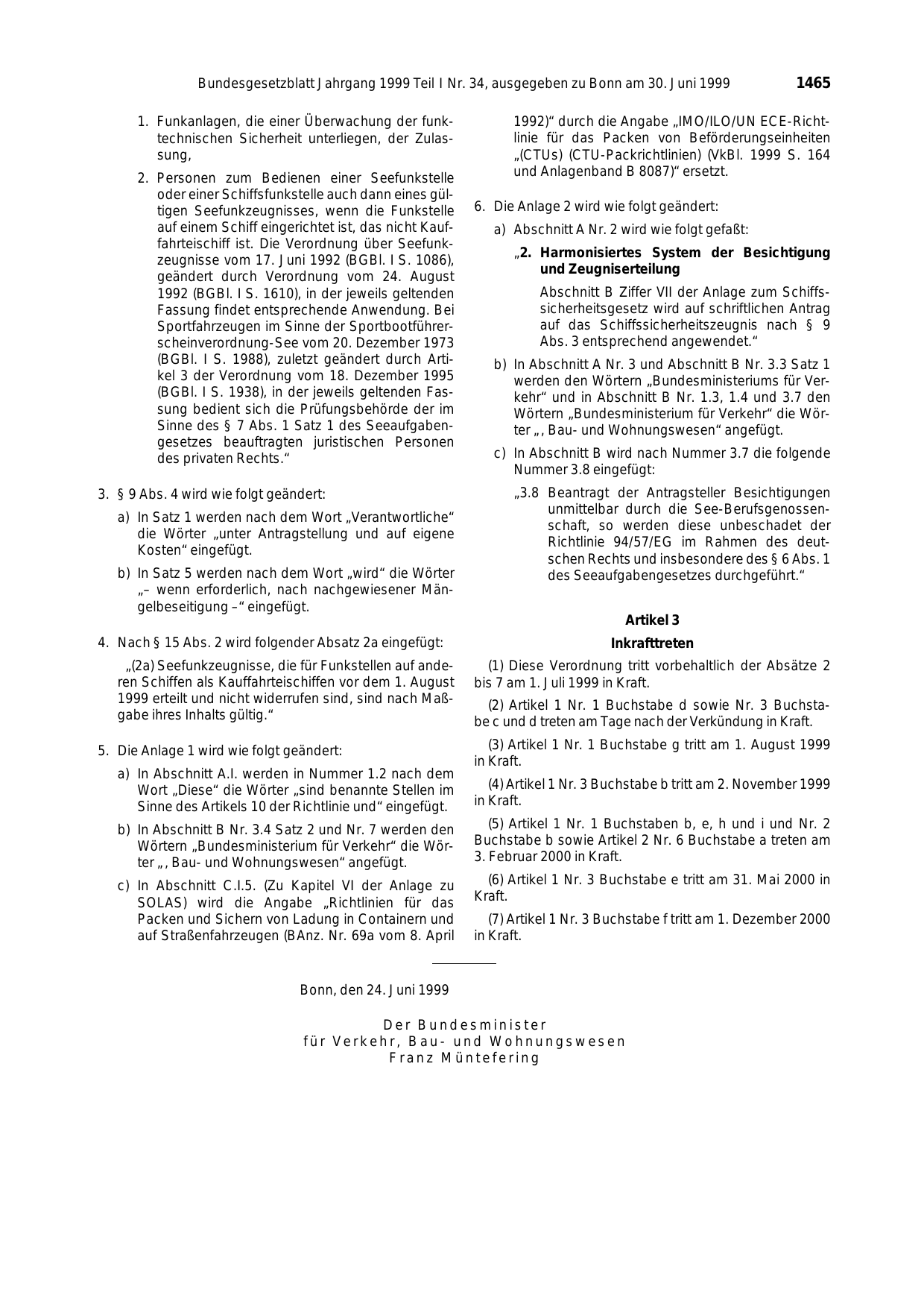 BGBl. 1999, Seite 1465 — Originalseite als Abbildung