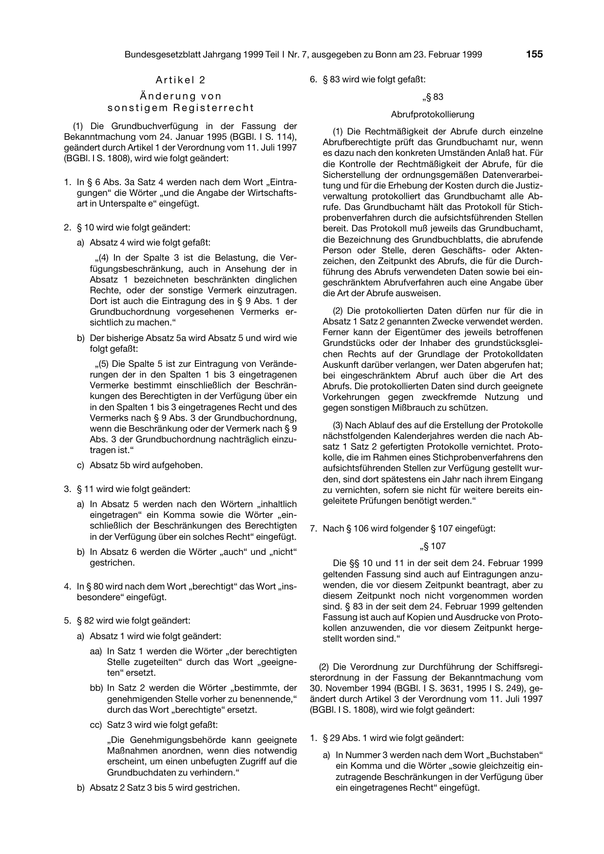BGBl. 1999, Seite 155 — Originalseite als Abbildung