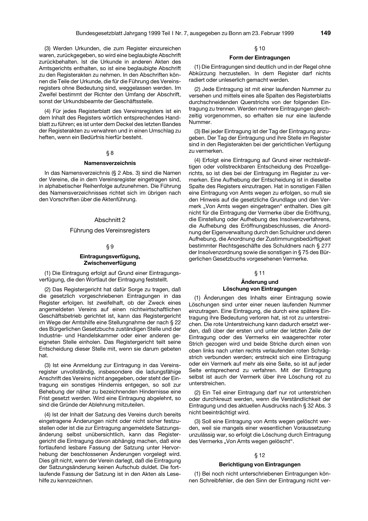 BGBl. 1999, Seite 149 — Originalseite als Abbildung
