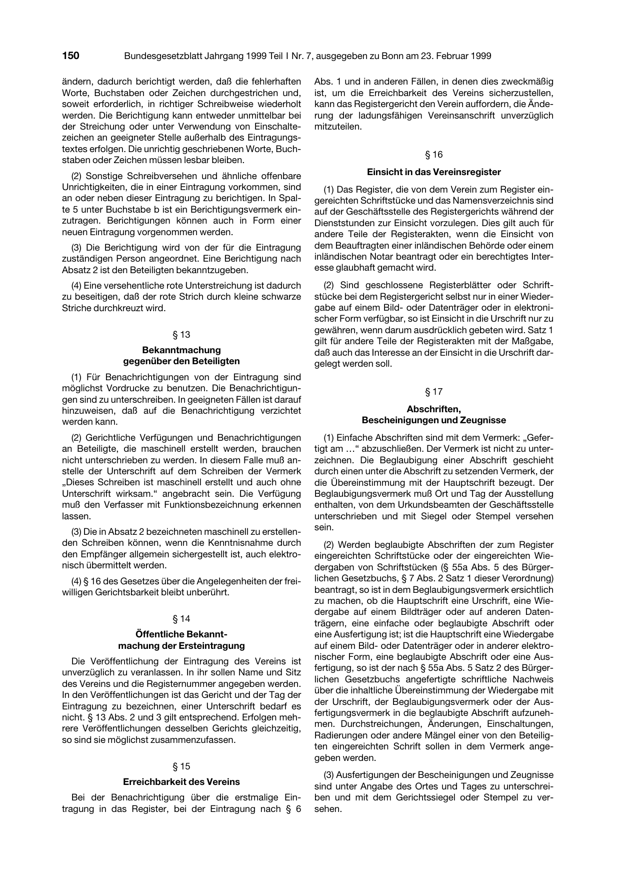 BGBl. 1999, Seite 150 — Originalseite als Abbildung