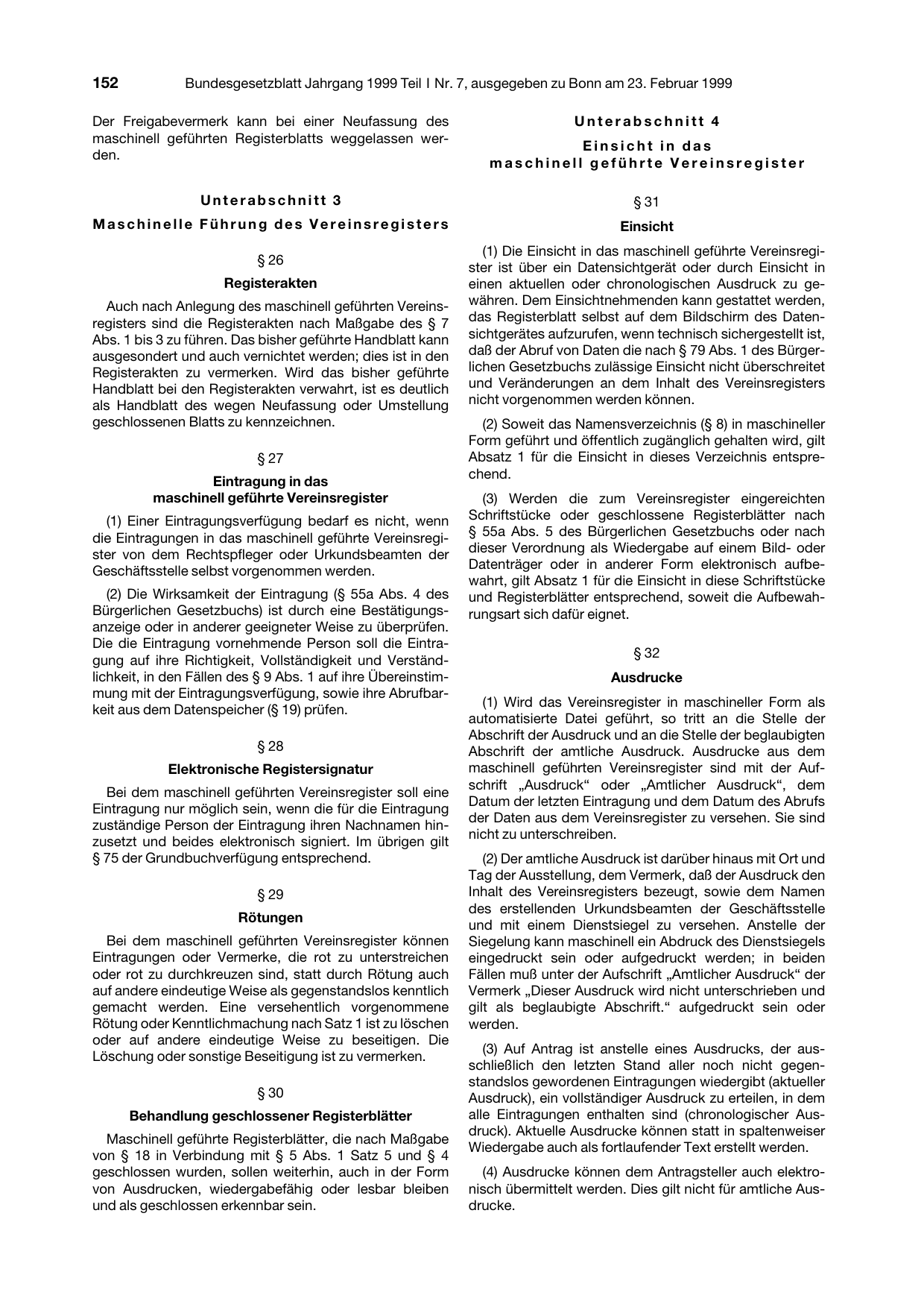 BGBl. 1999, Seite 152 — Originalseite als Abbildung