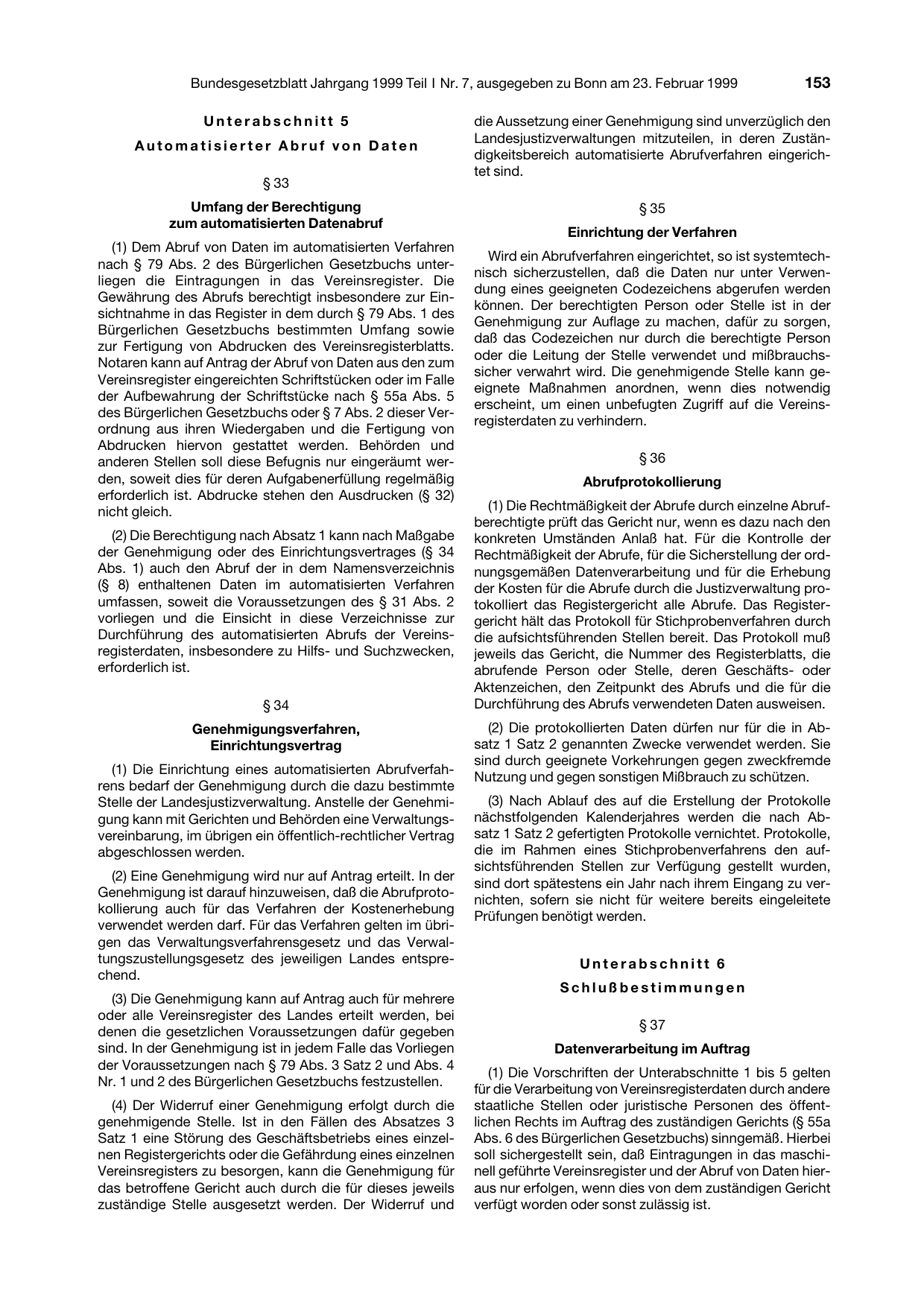 BGBl. 1999, Seite 153 — Originalseite als Abbildung