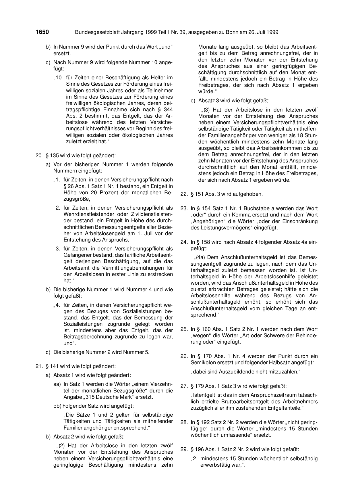 BGBl. 1999, Seite 1650 — Originalseite als Abbildung