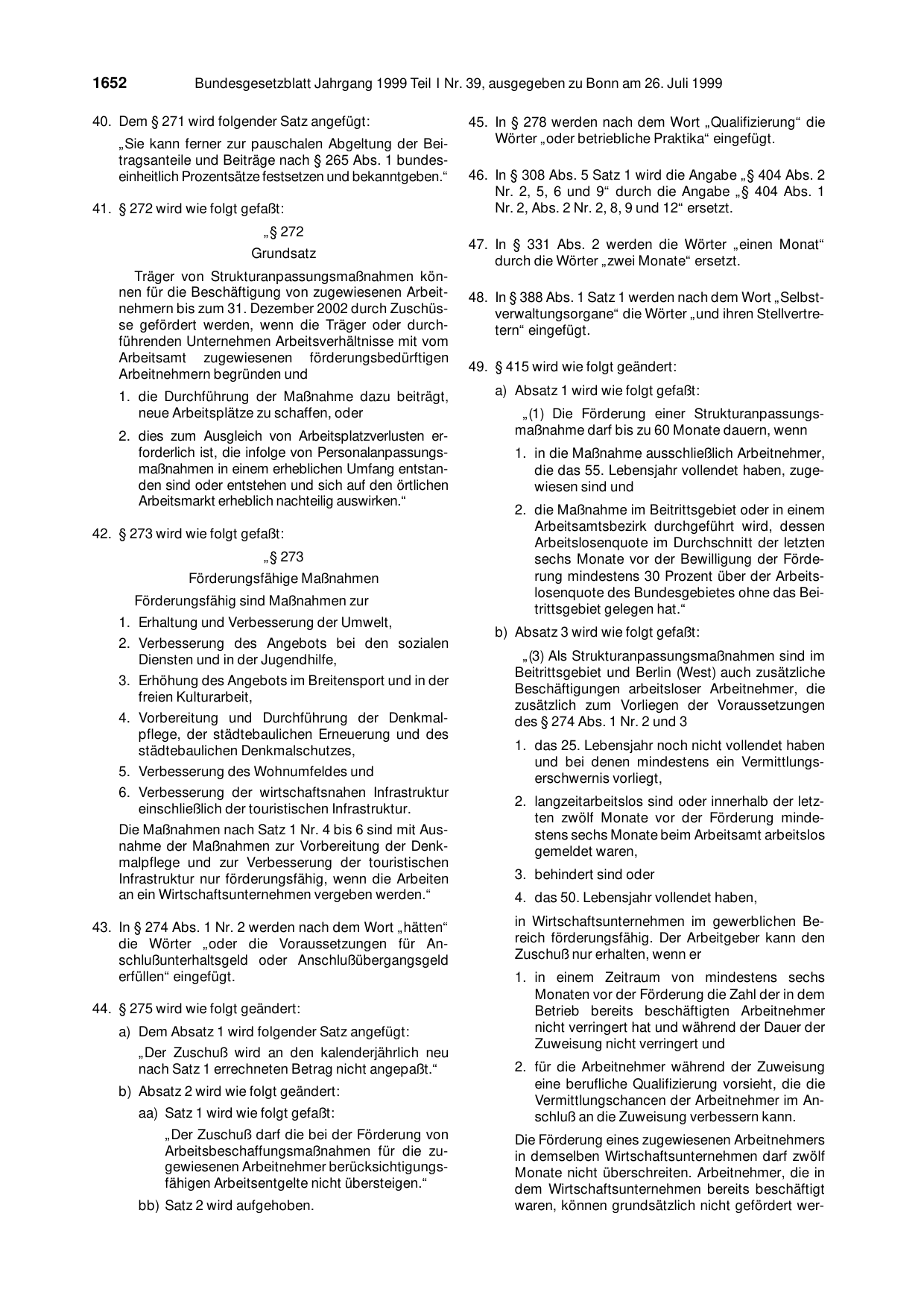 BGBl. 1999, Seite 1652 — Originalseite als Abbildung