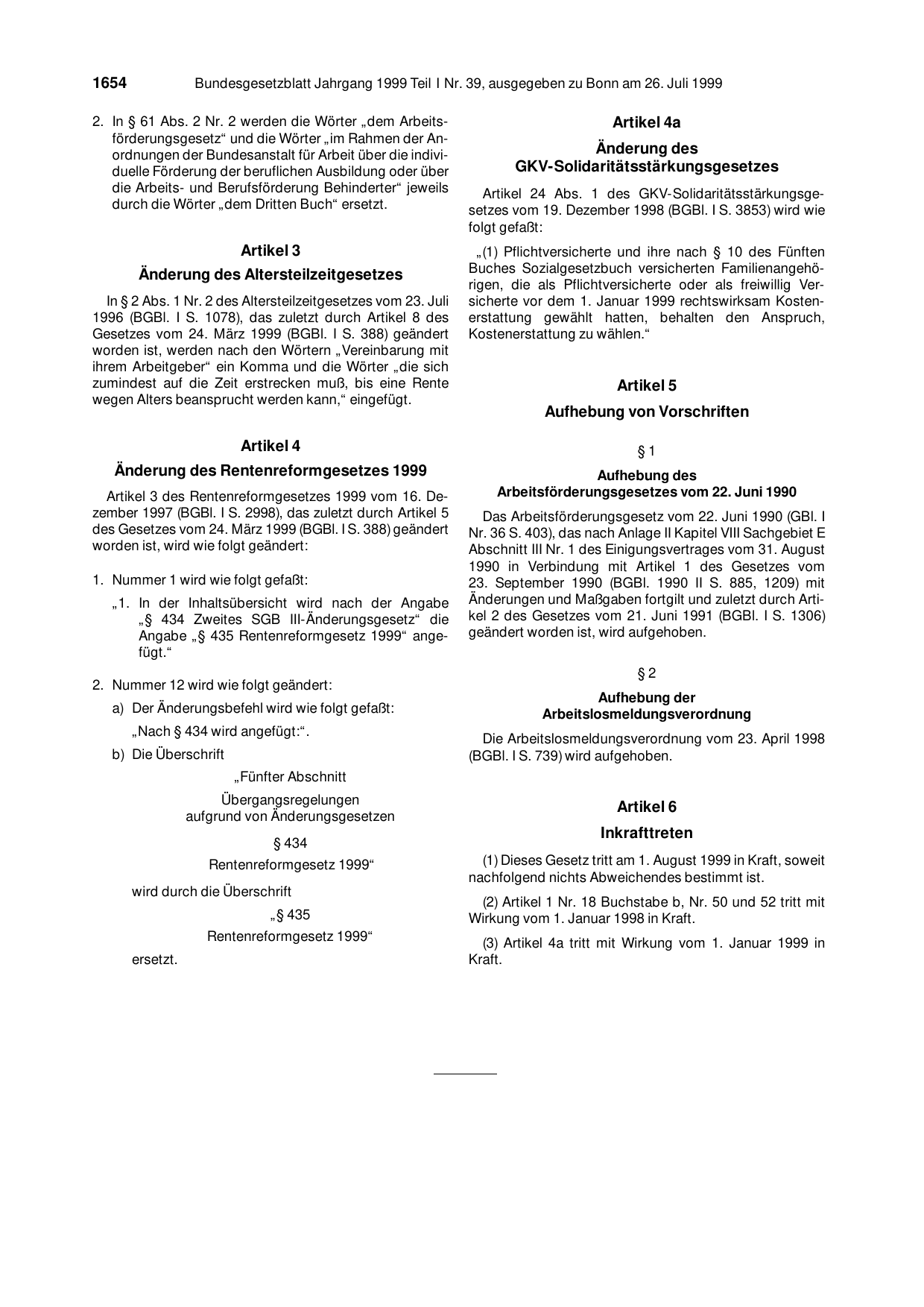 BGBl. 1999, Seite 1654 — Originalseite als Abbildung