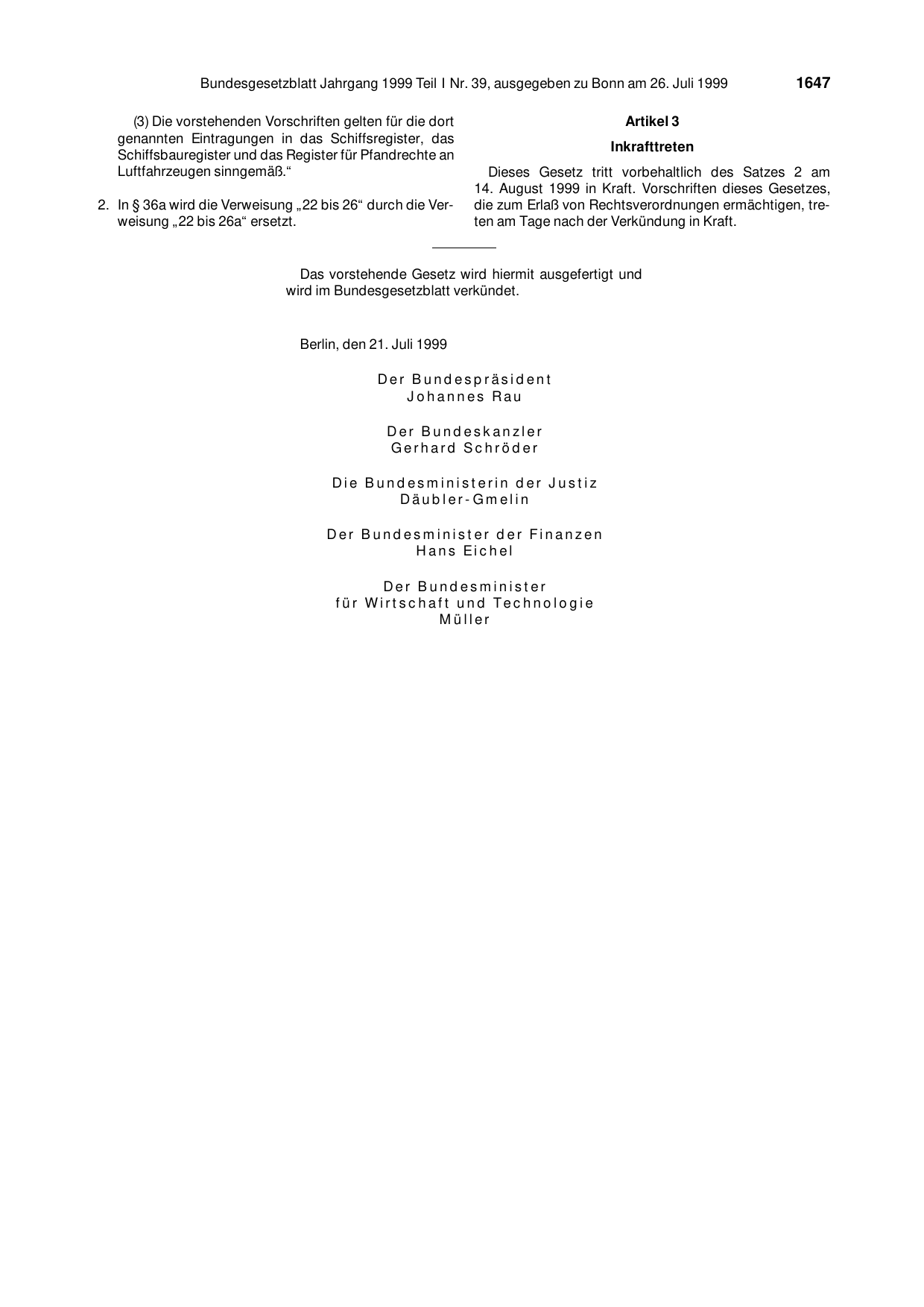BGBl. 1999, Seite 1647 — Originalseite als Abbildung