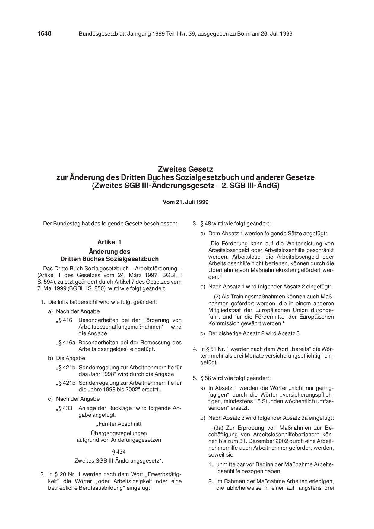 BGBl. 1999, Seite 1648 — Originalseite als Abbildung