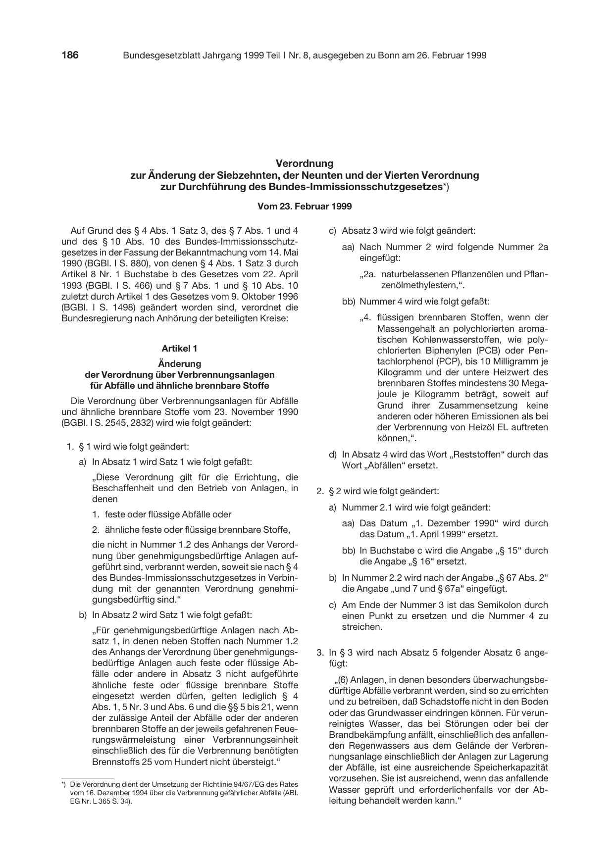 BGBl. 1999, Seite 186 — Originalseite als Abbildung