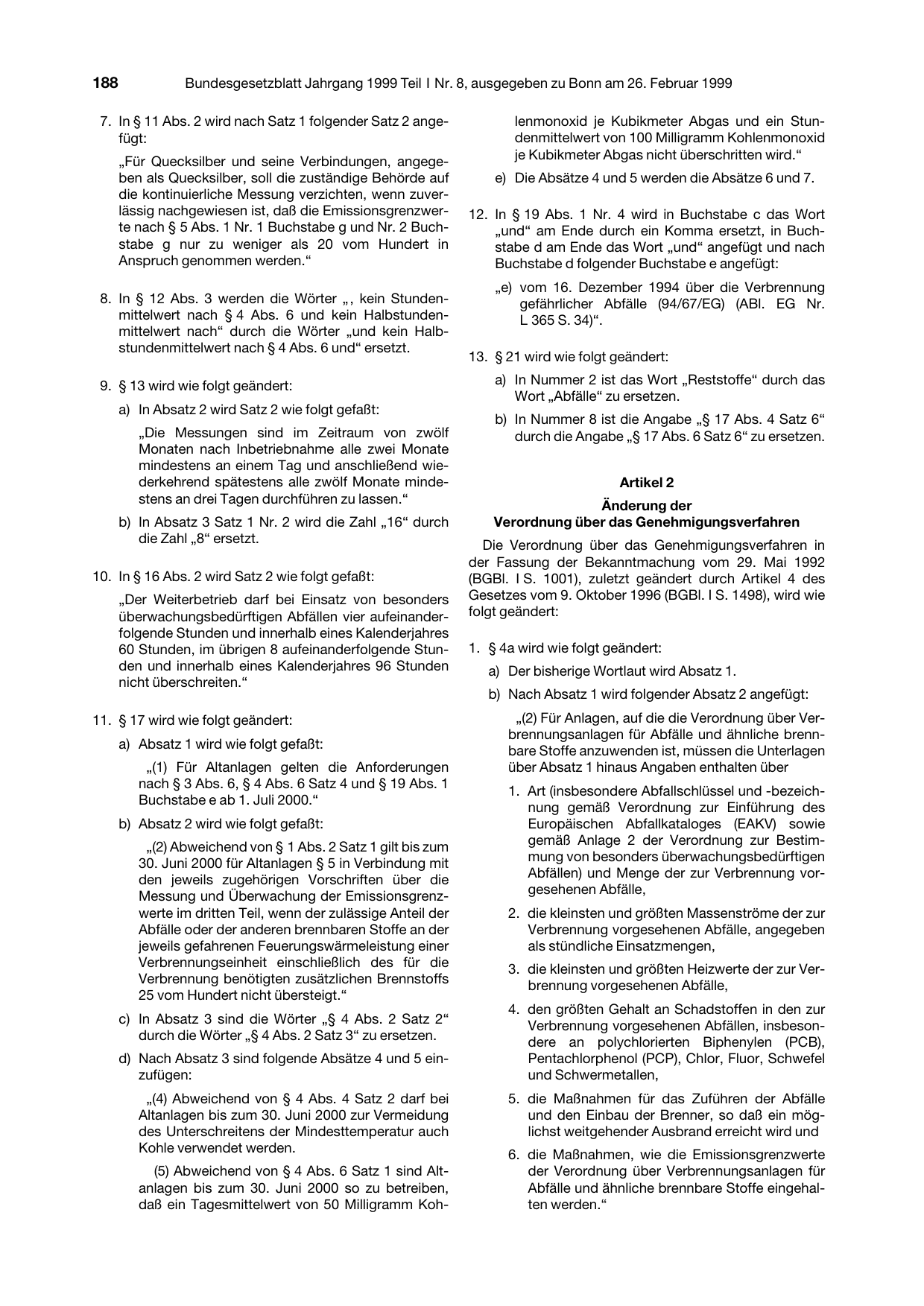 BGBl. 1999, Seite 188 — Originalseite als Abbildung