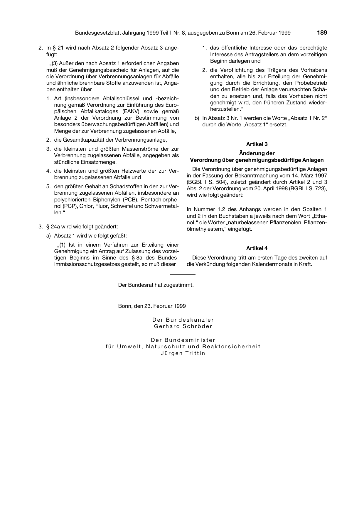 BGBl. 1999, Seite 189 — Originalseite als Abbildung