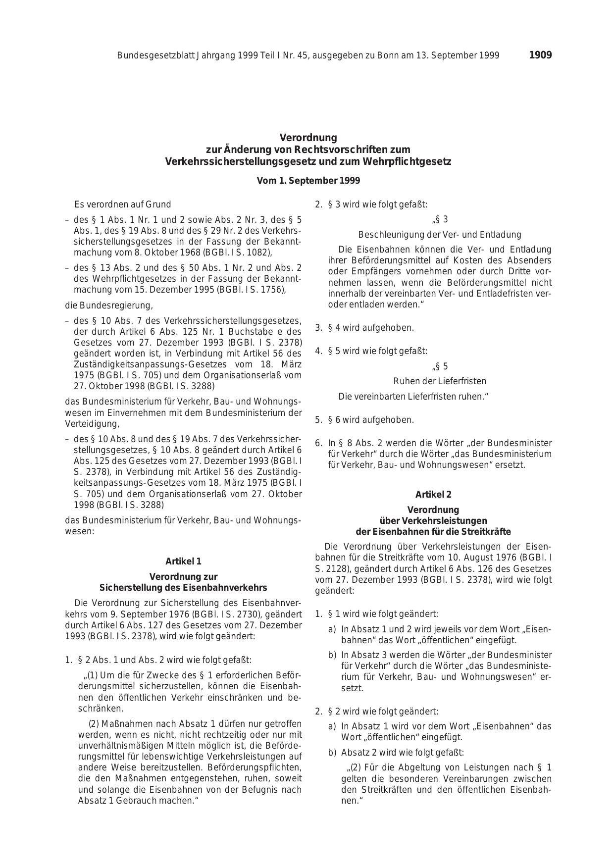 BGBl. 1999, Seite 1909 — Originalseite als Abbildung