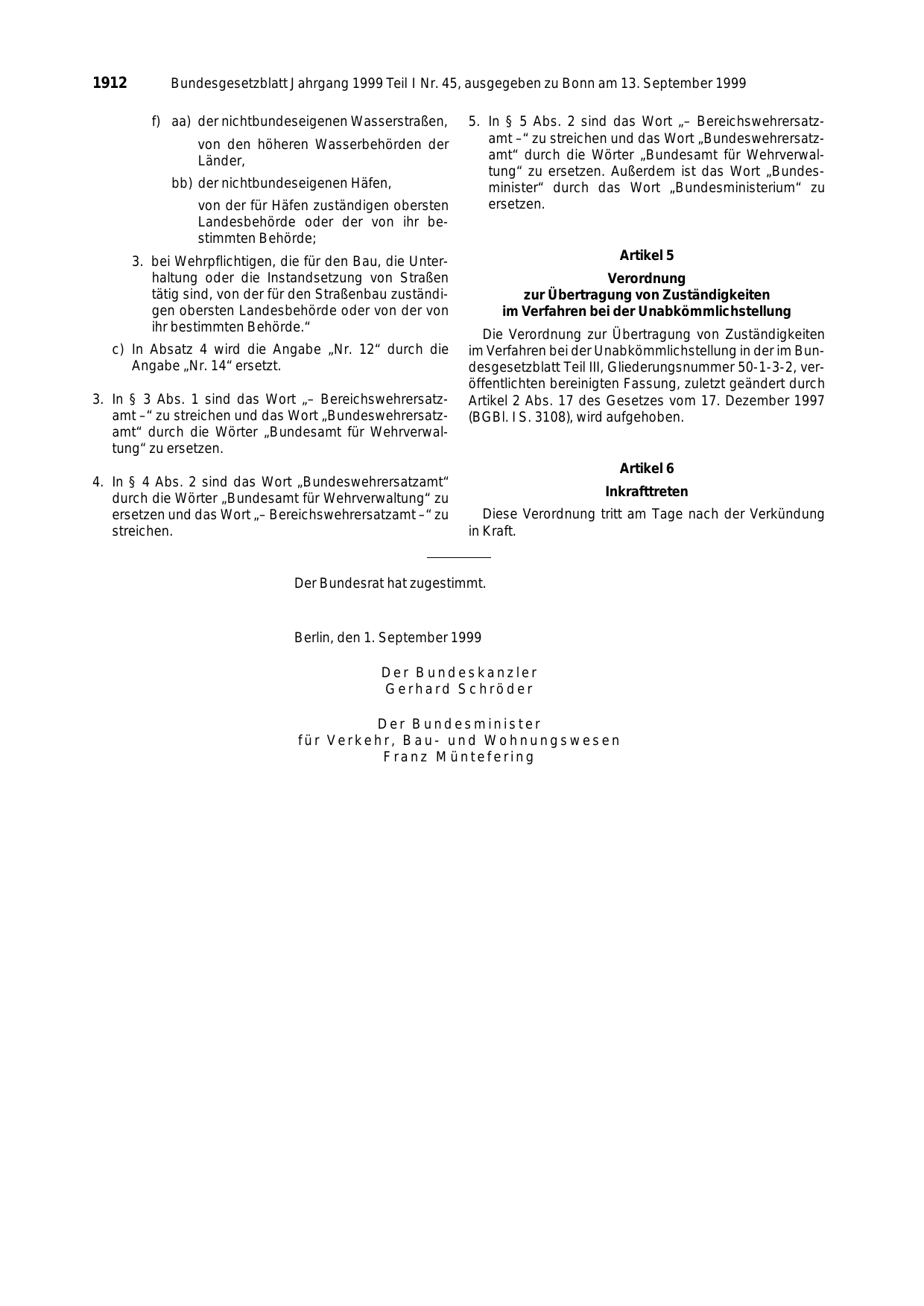 BGBl. 1999, Seite 1912 — Originalseite als Abbildung
