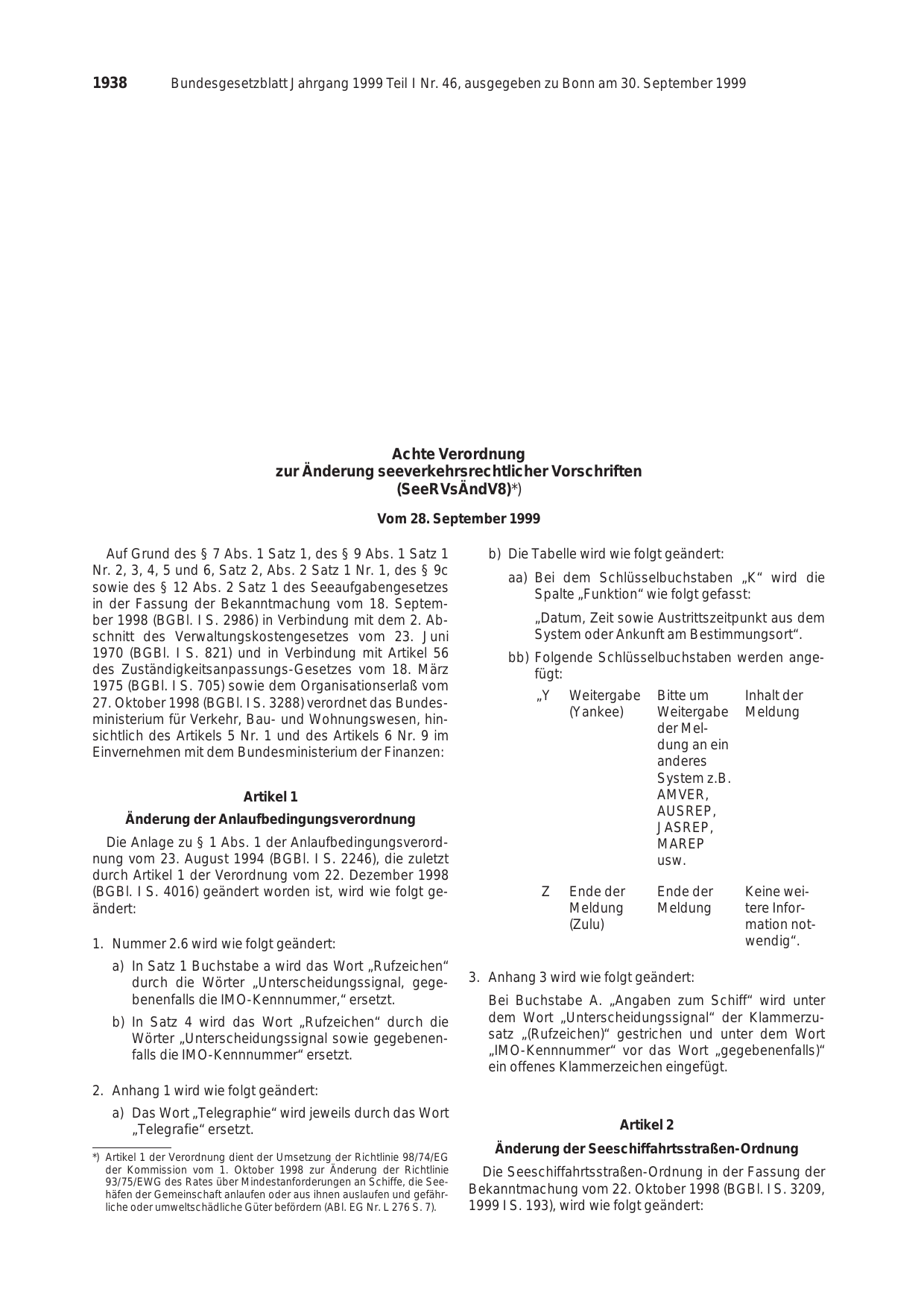 BGBl. 1999, Seite 1938 — Originalseite als Abbildung