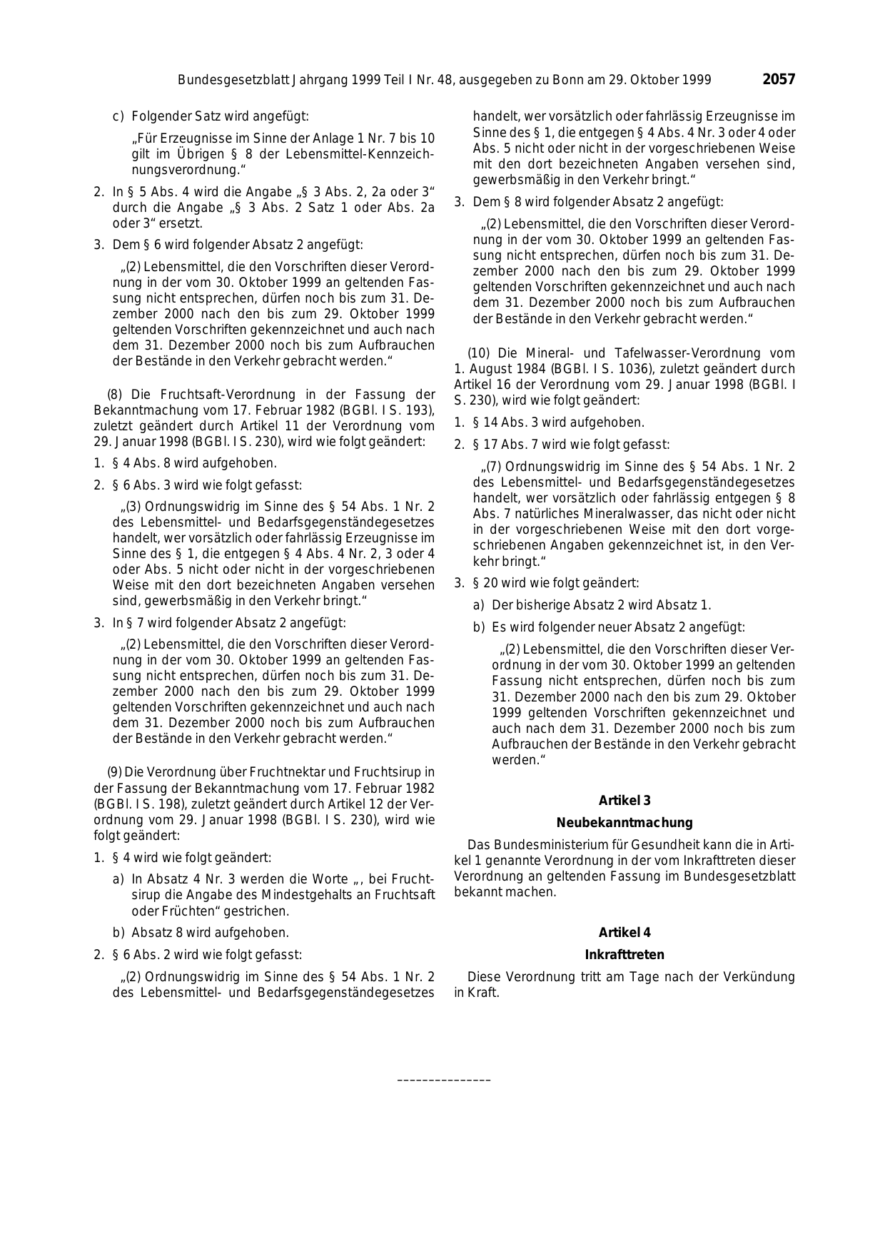 BGBl. 1999, Seite 2057 — Originalseite als Abbildung