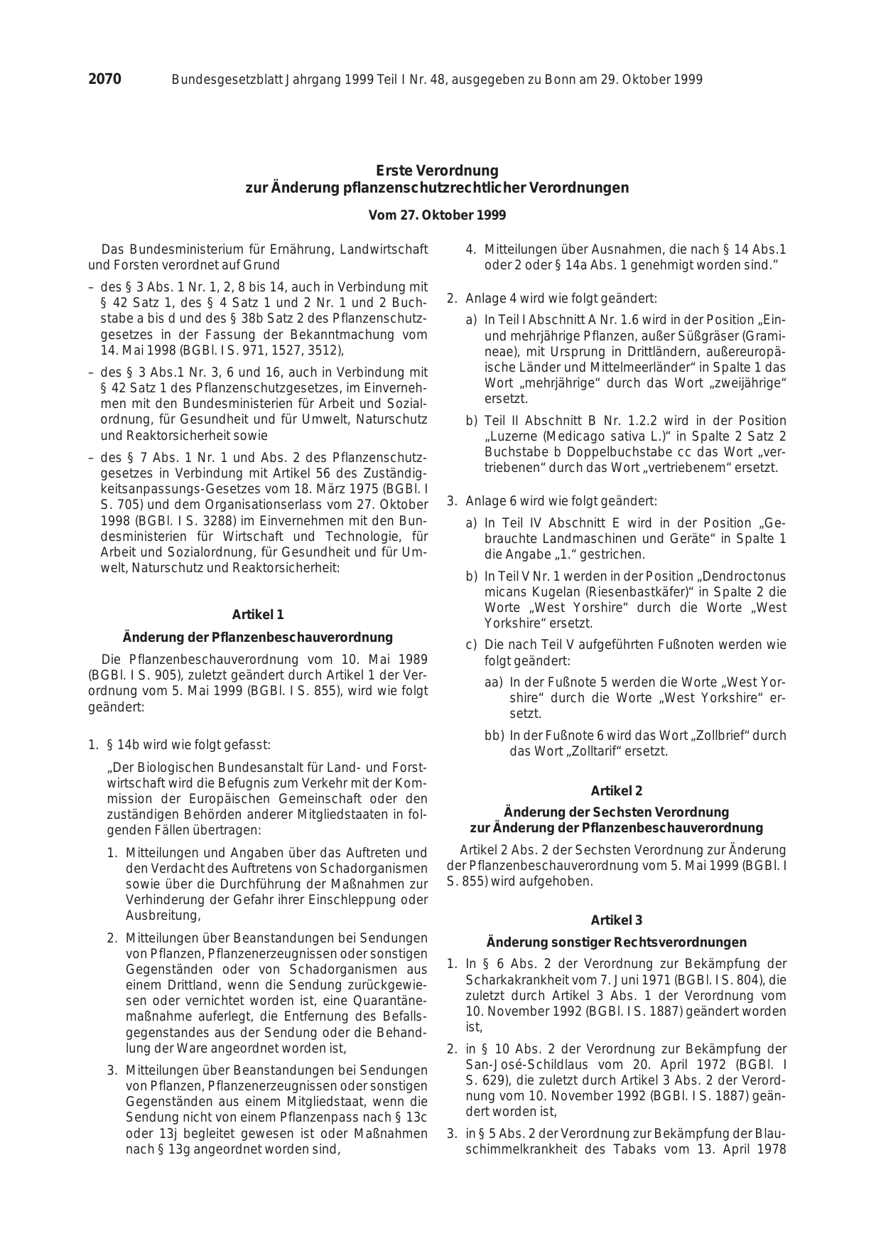 BGBl. 1999, Seite 2070 — Originalseite als Abbildung