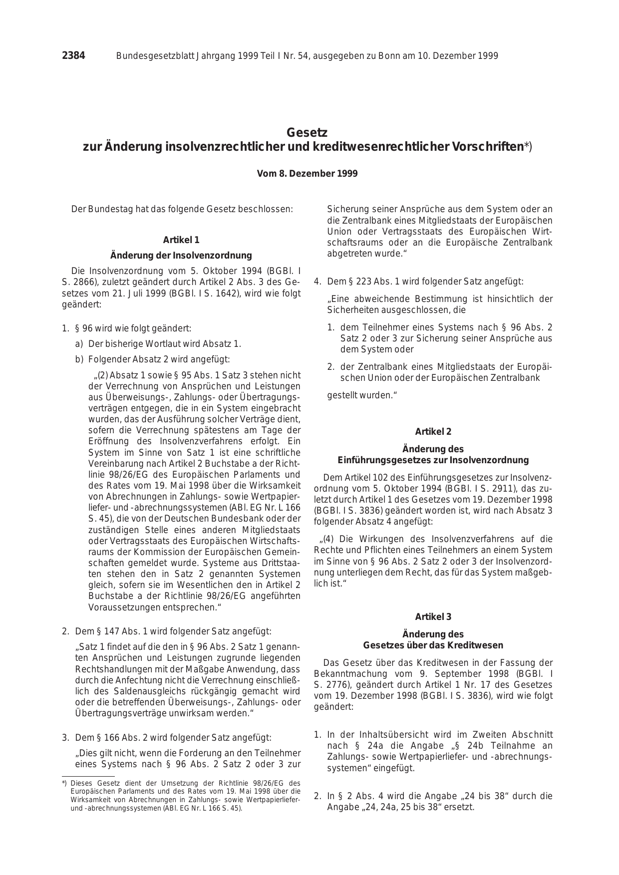 BGBl. 1999, Seite 2384 — Originalseite als Abbildung