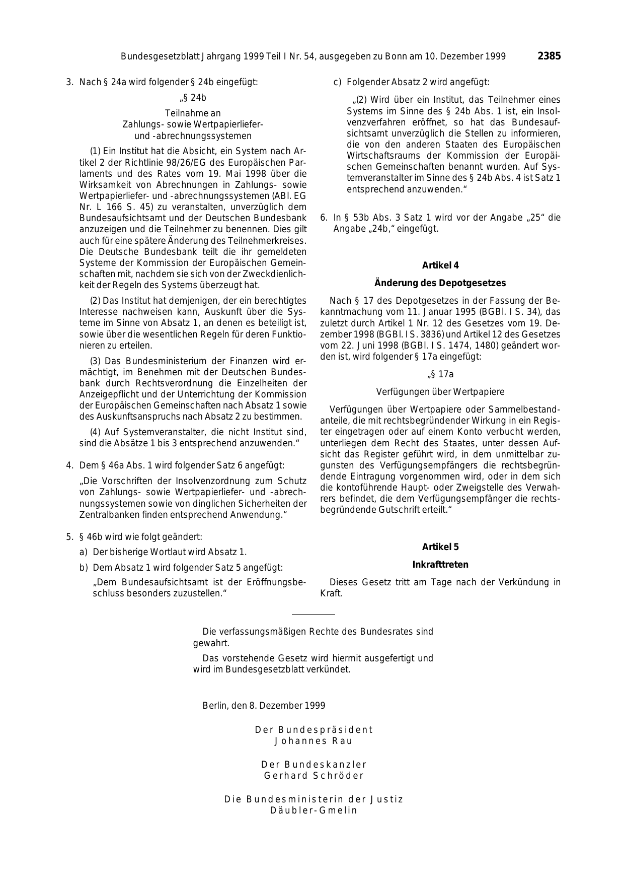 BGBl. 1999, Seite 2385 — Originalseite als Abbildung