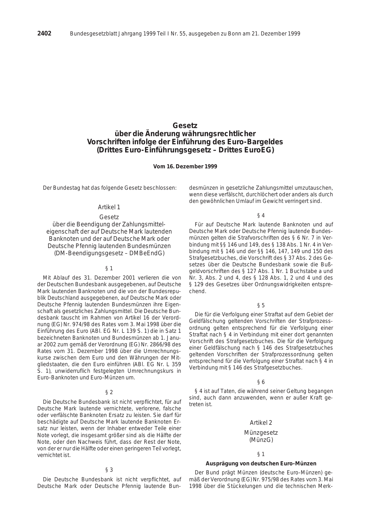 BGBl. 1999, Seite 2402 — Originalseite als Abbildung