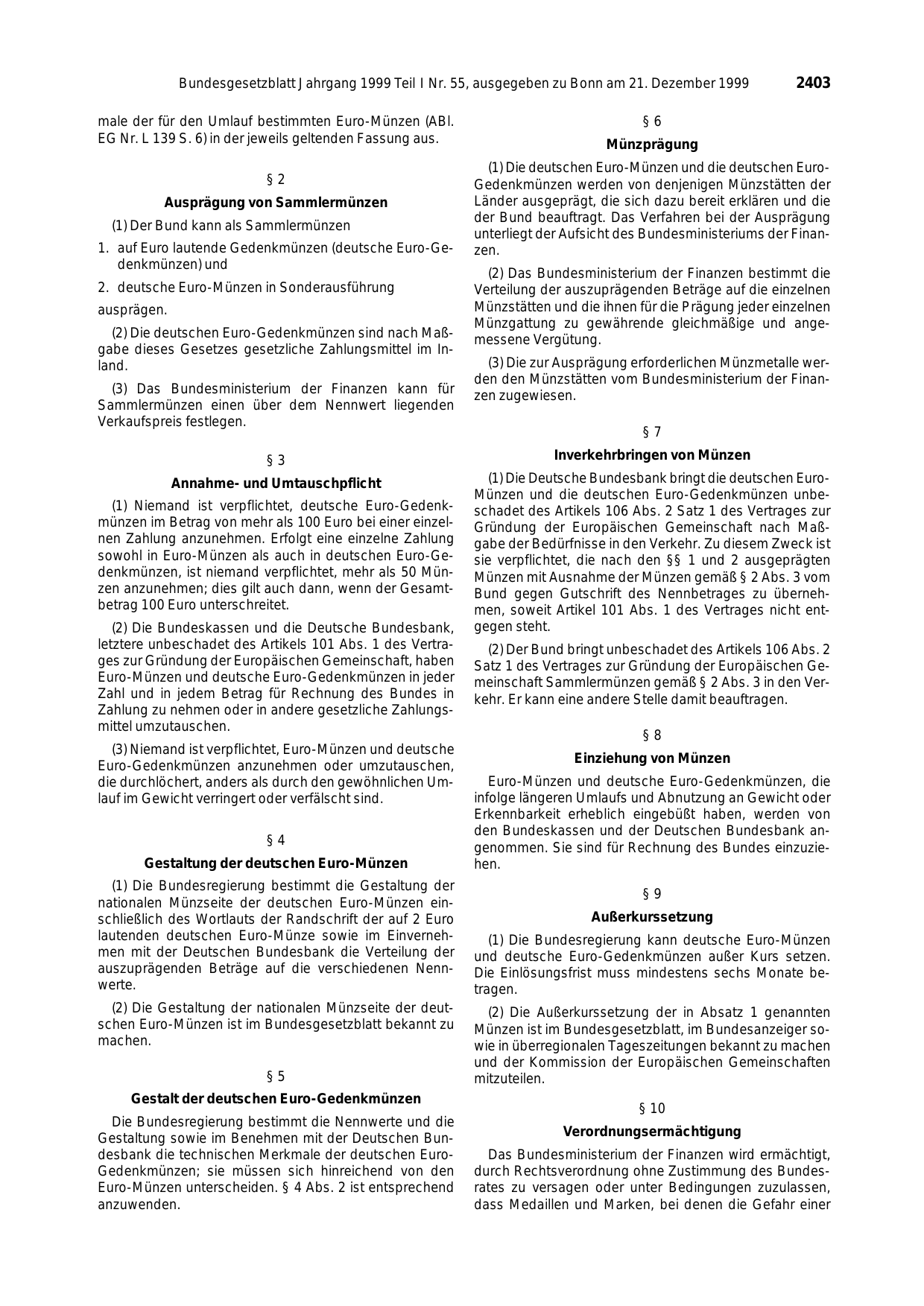 BGBl. 1999, Seite 2403 — Originalseite als Abbildung