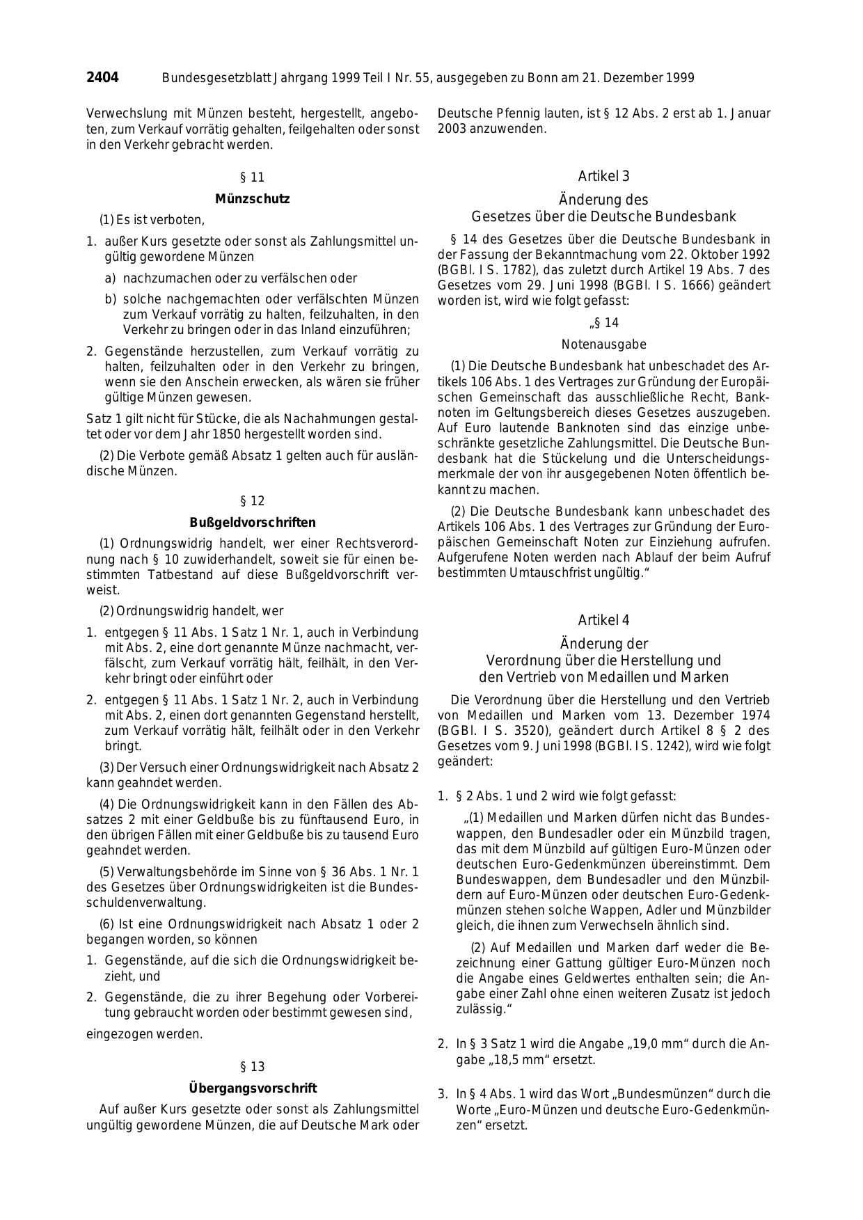 BGBl. 1999, Seite 2404 — Originalseite als Abbildung