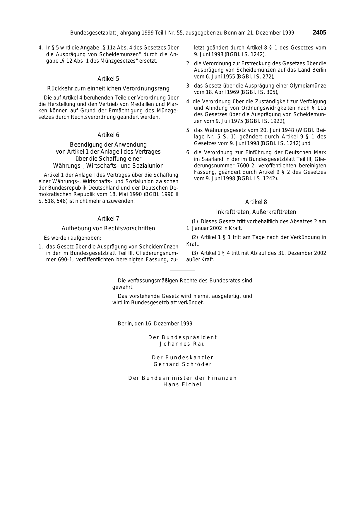 BGBl. 1999, Seite 2405 — Originalseite als Abbildung