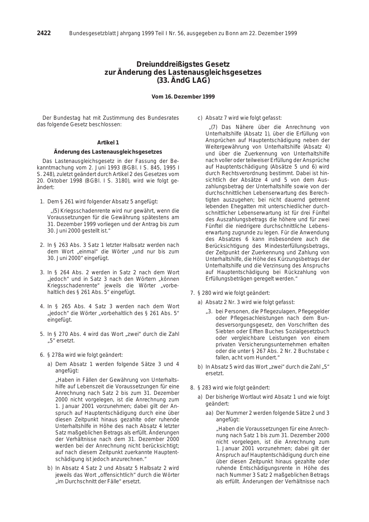 BGBl. 1999, Seite 2422 — Originalseite als Abbildung