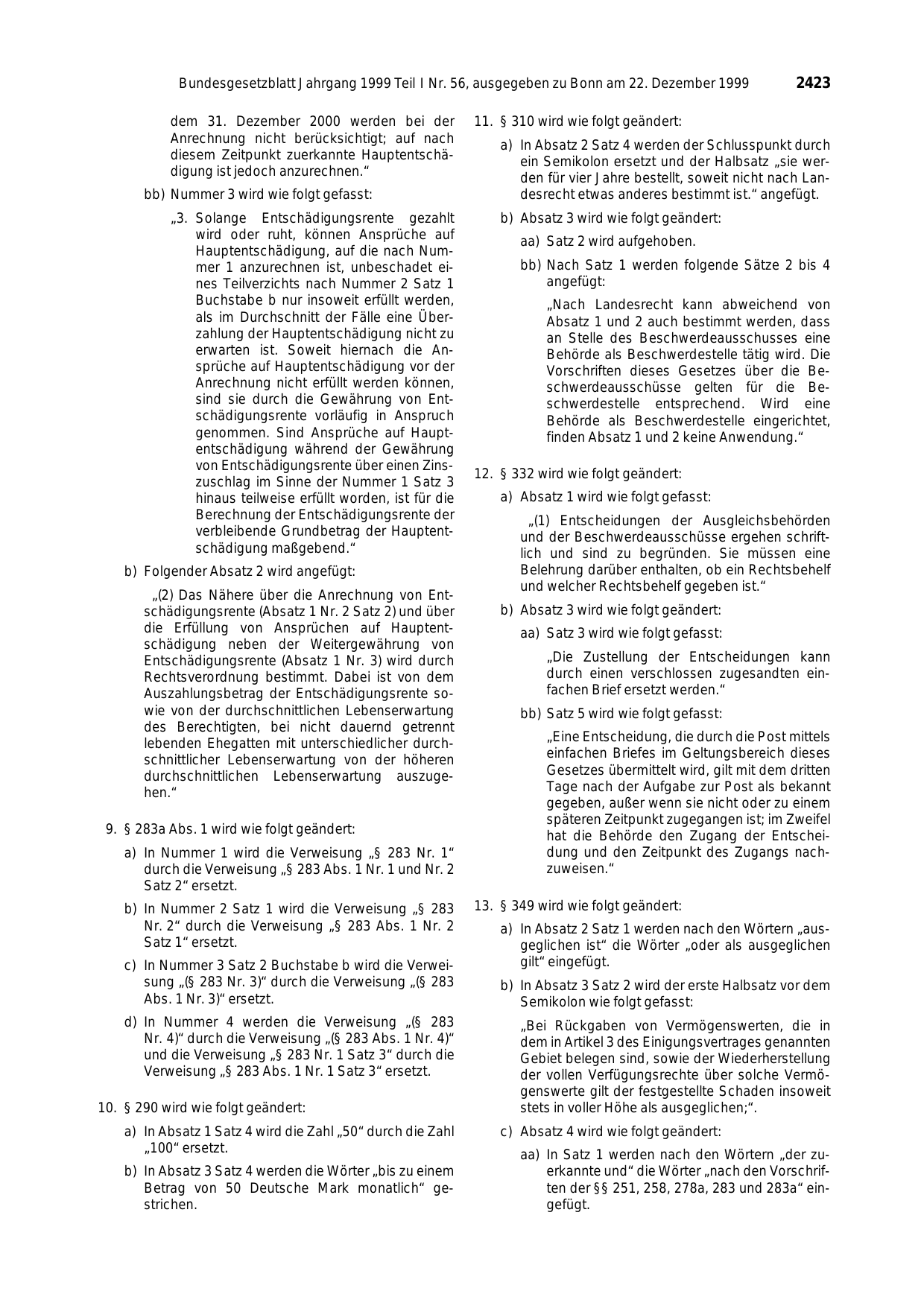 BGBl. 1999, Seite 2423 — Originalseite als Abbildung