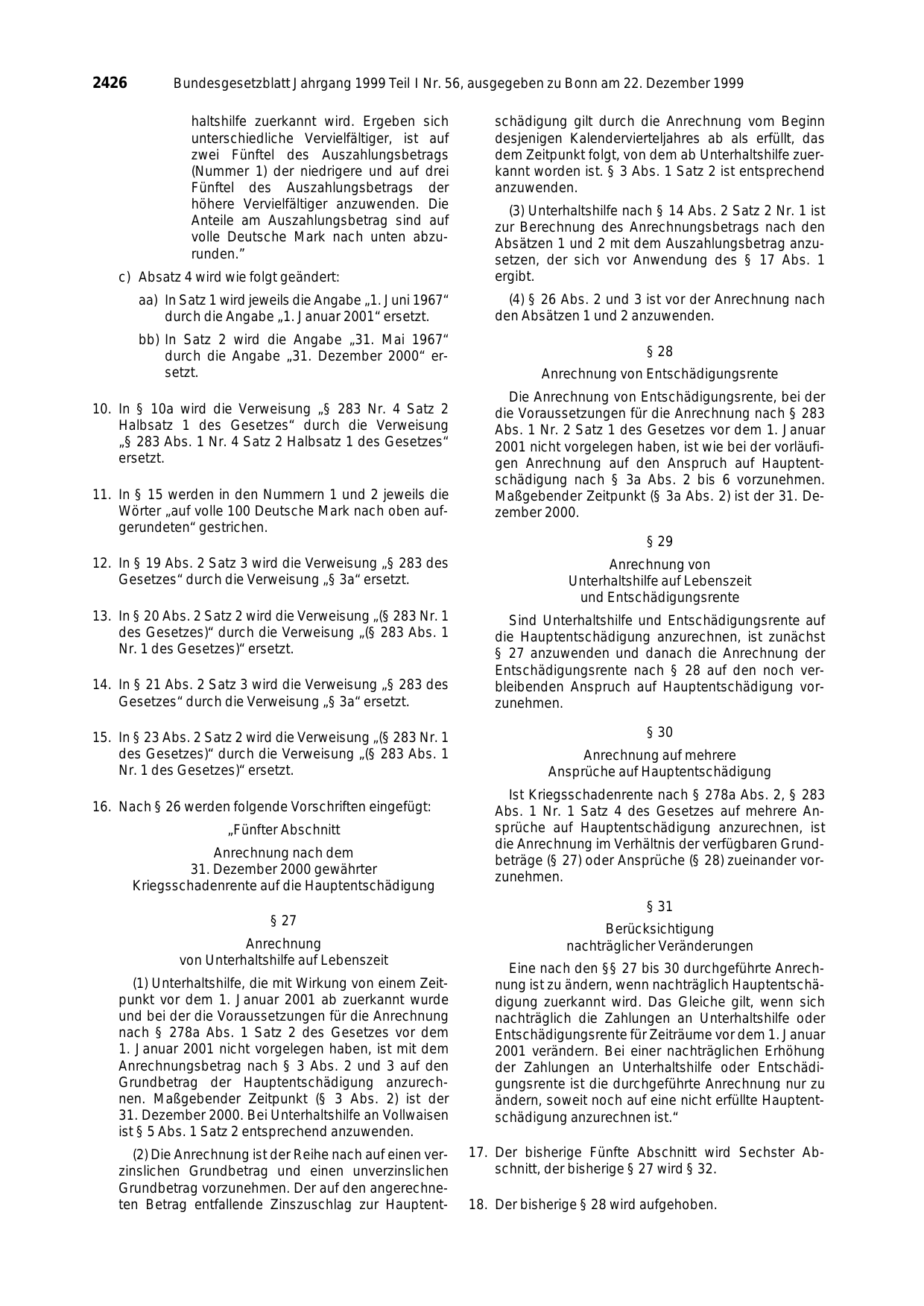 BGBl. 1999, Seite 2426 — Originalseite als Abbildung
