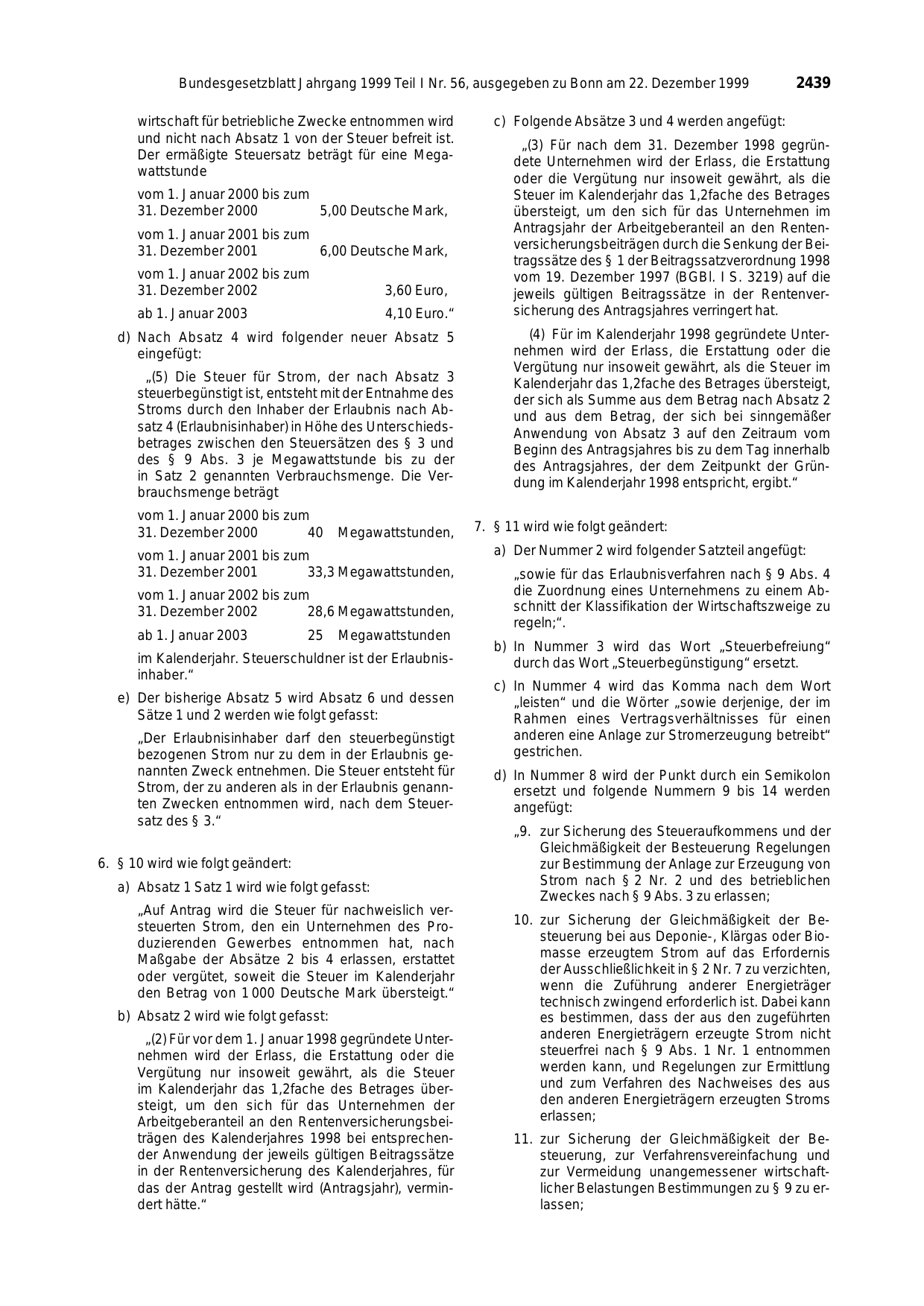 BGBl. 1999, Seite 2439 — Originalseite als Abbildung