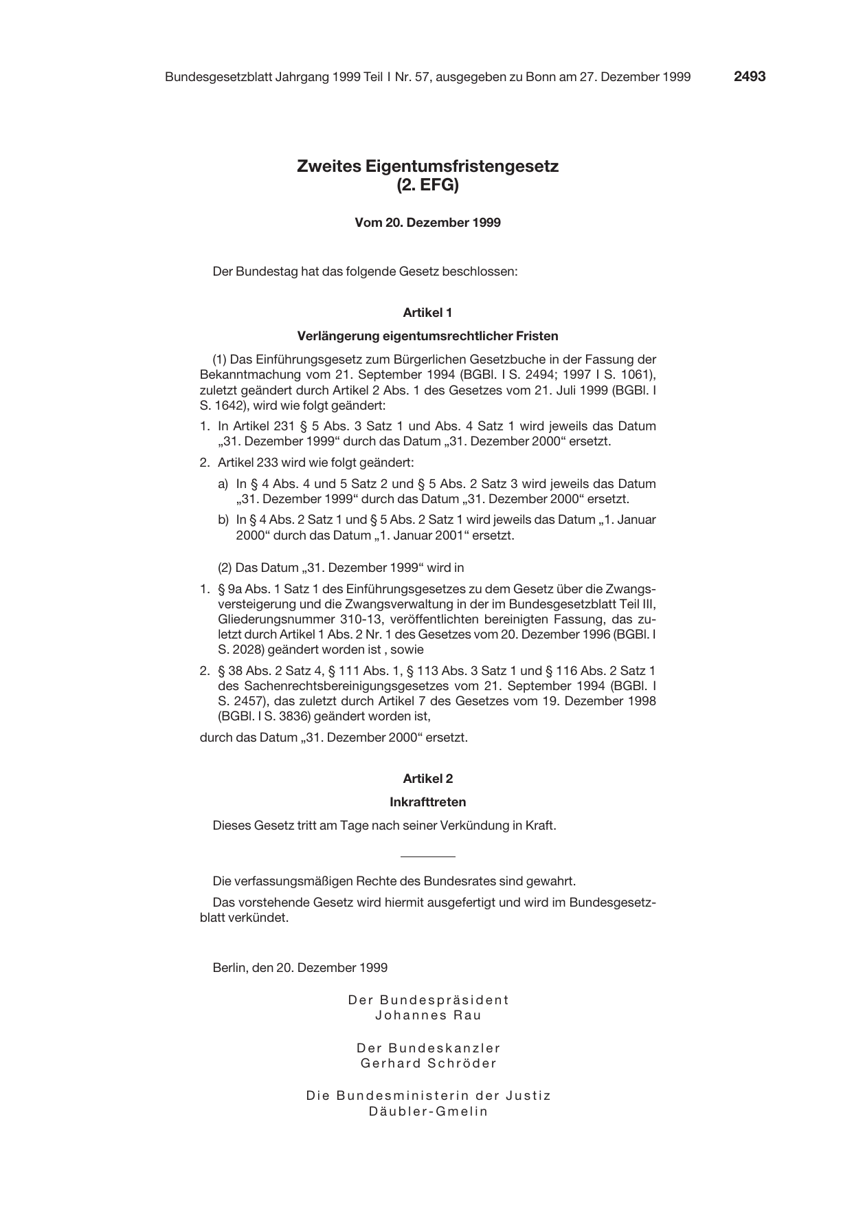 BGBl. 1999, Seite 2493 — Originalseite als Abbildung