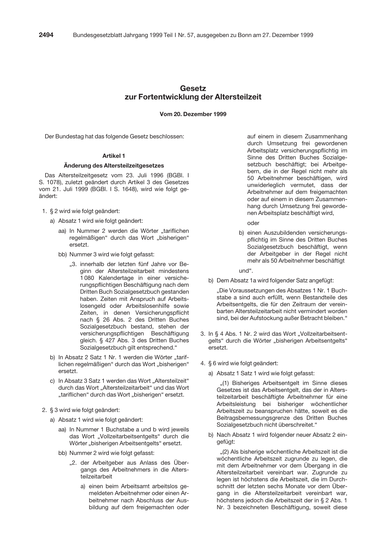 BGBl. 1999, Seite 2494 — Originalseite als Abbildung
