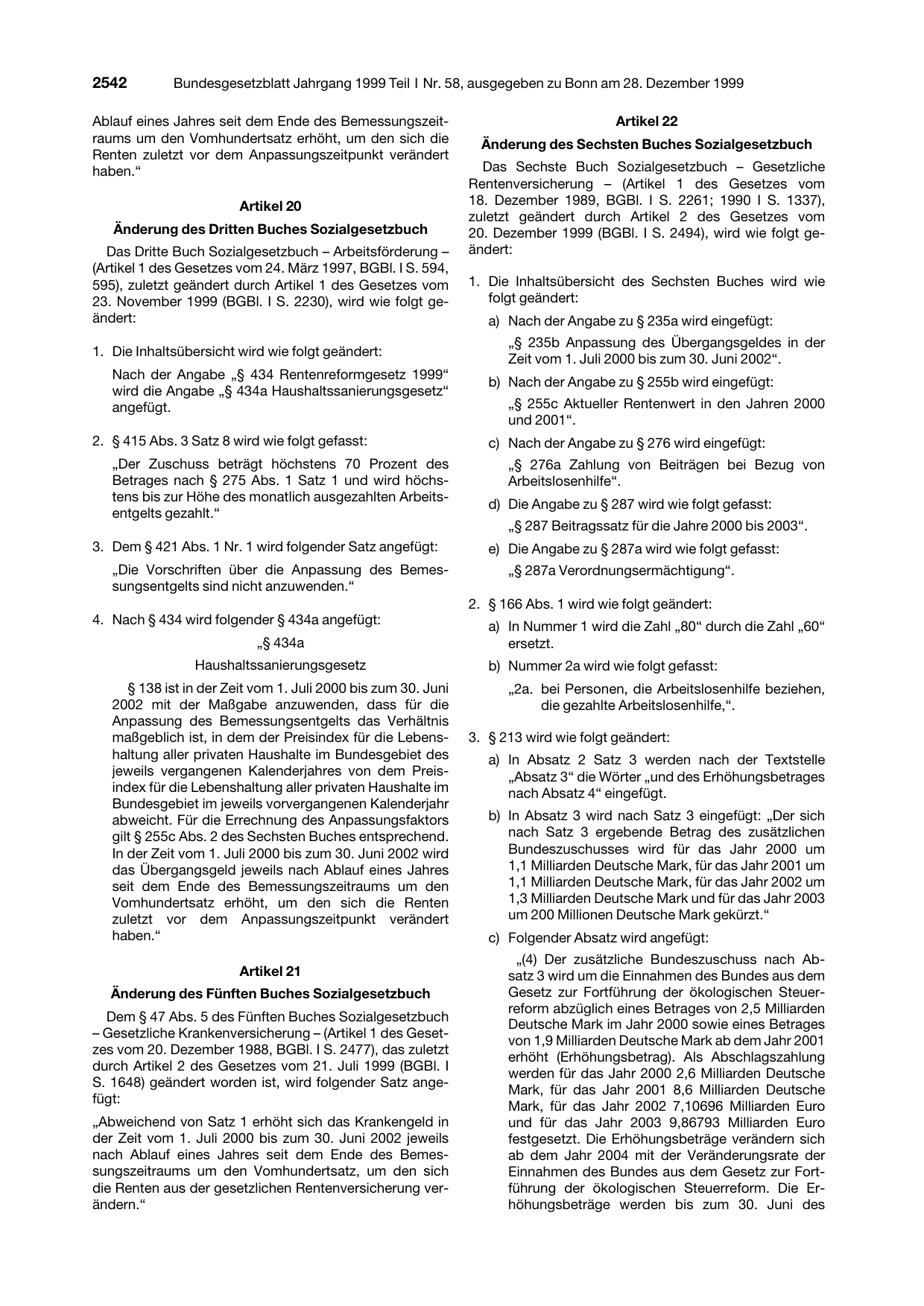 BGBl. 1999, Seite 2542 — Originalseite als Abbildung