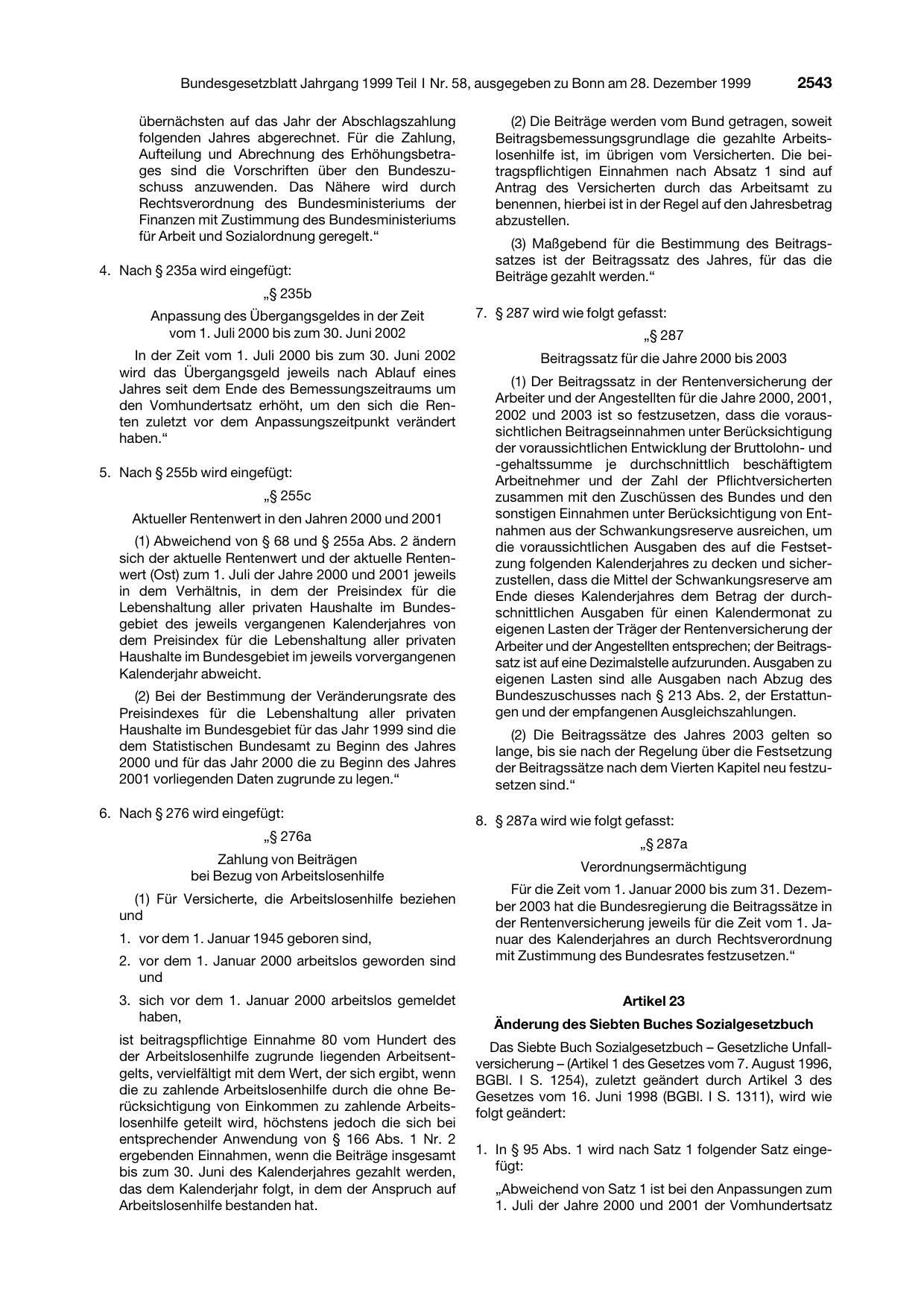 BGBl. 1999, Seite 2543 — Originalseite als Abbildung