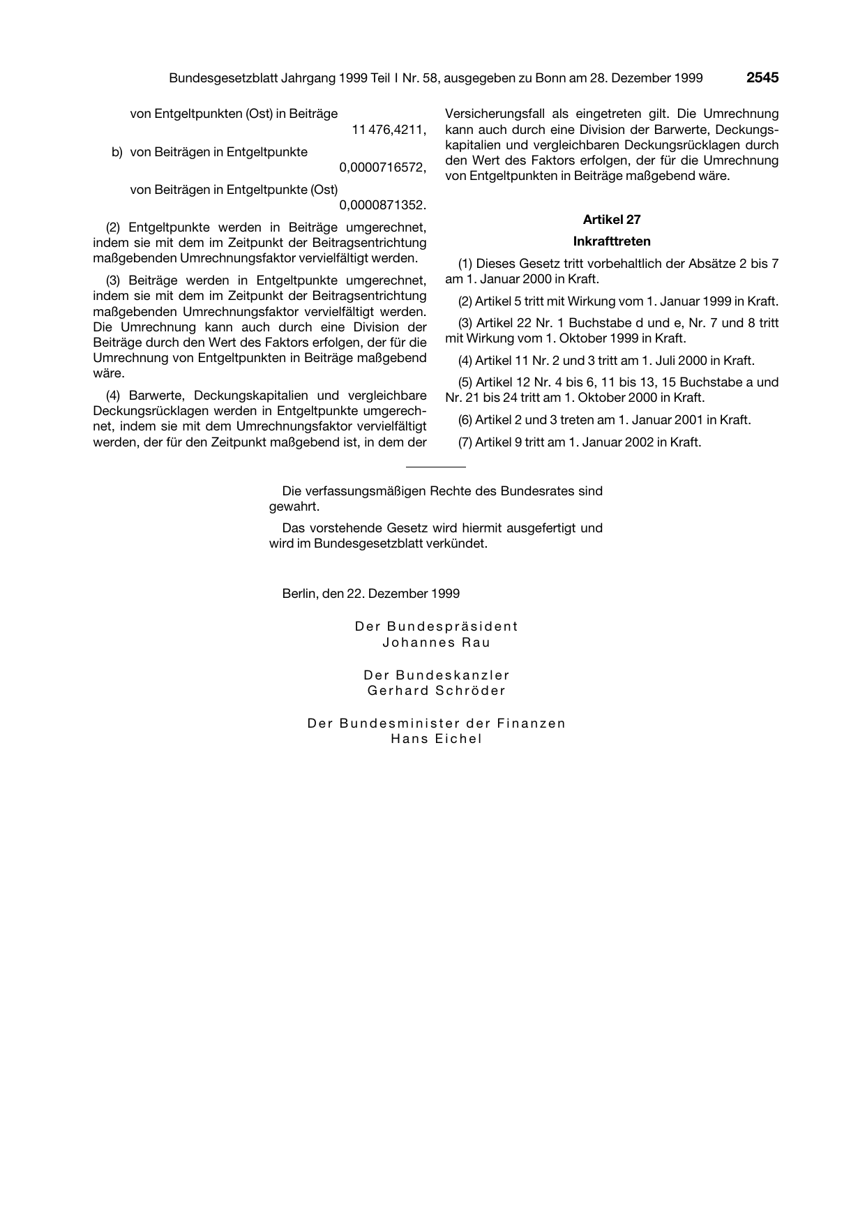 BGBl. 1999, Seite 2545 — Originalseite als Abbildung