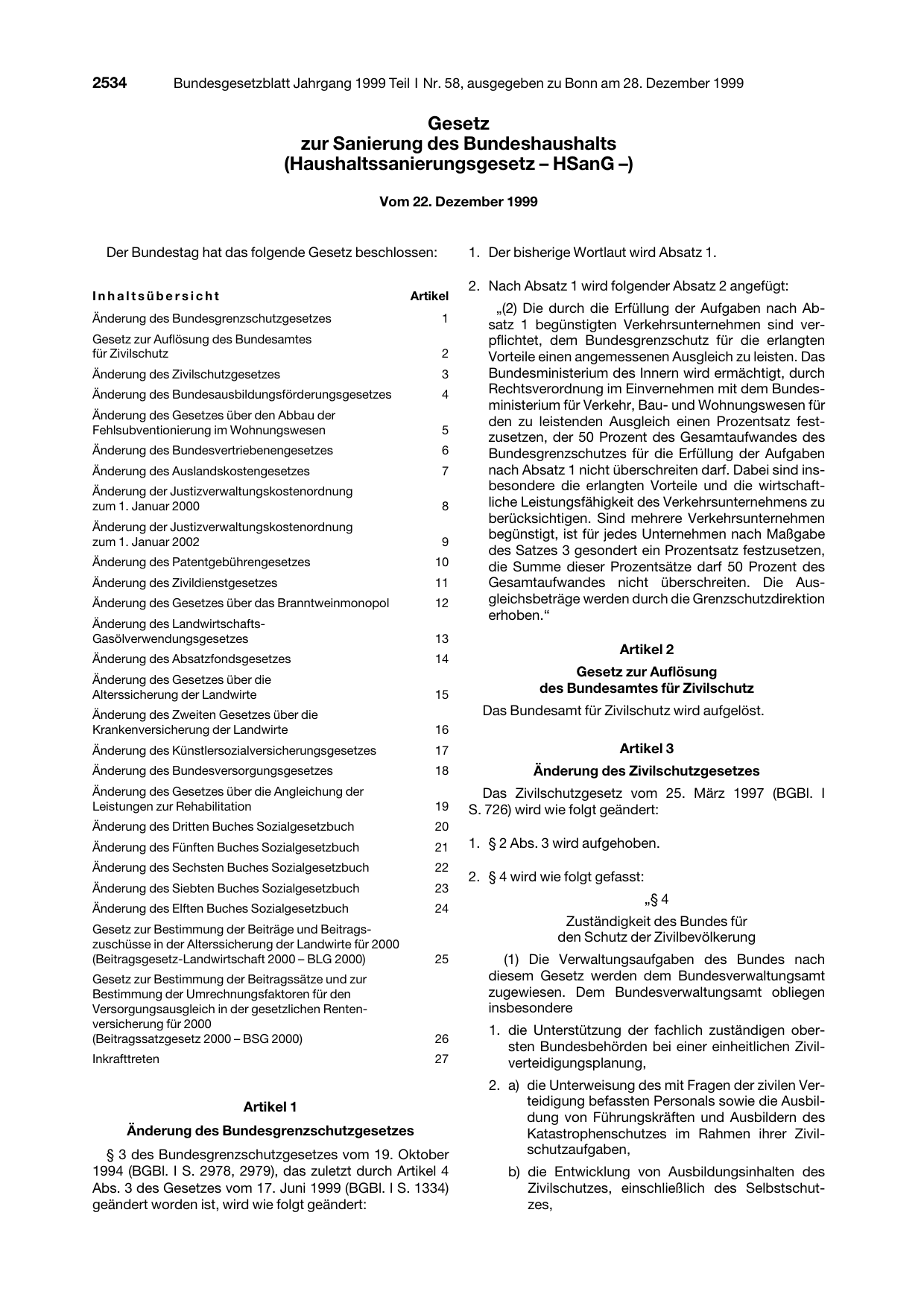 BGBl. 1999, Seite 2534 — Originalseite als Abbildung