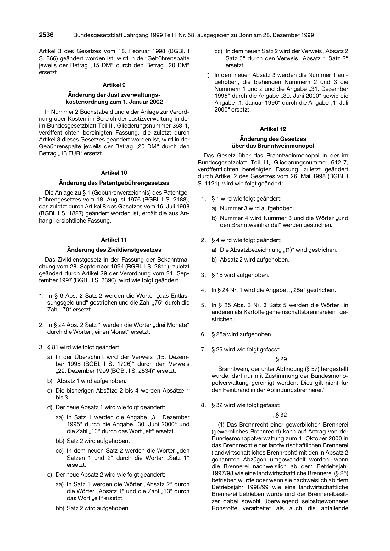 BGBl. 1999, Seite 2536 — Originalseite als Abbildung